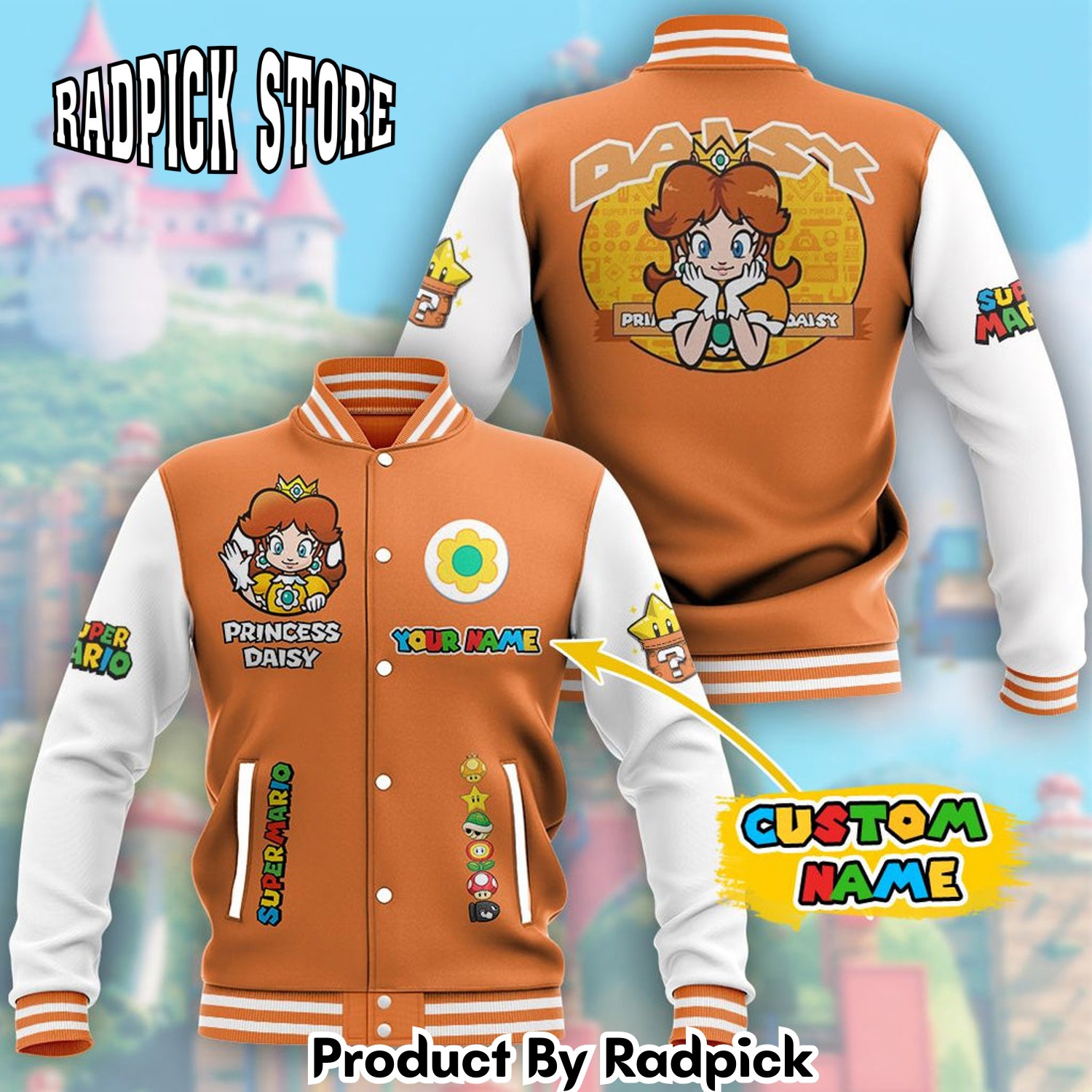 Radpick Super Mario Princess Daisy Custom Name Baseball Jacket RP00190