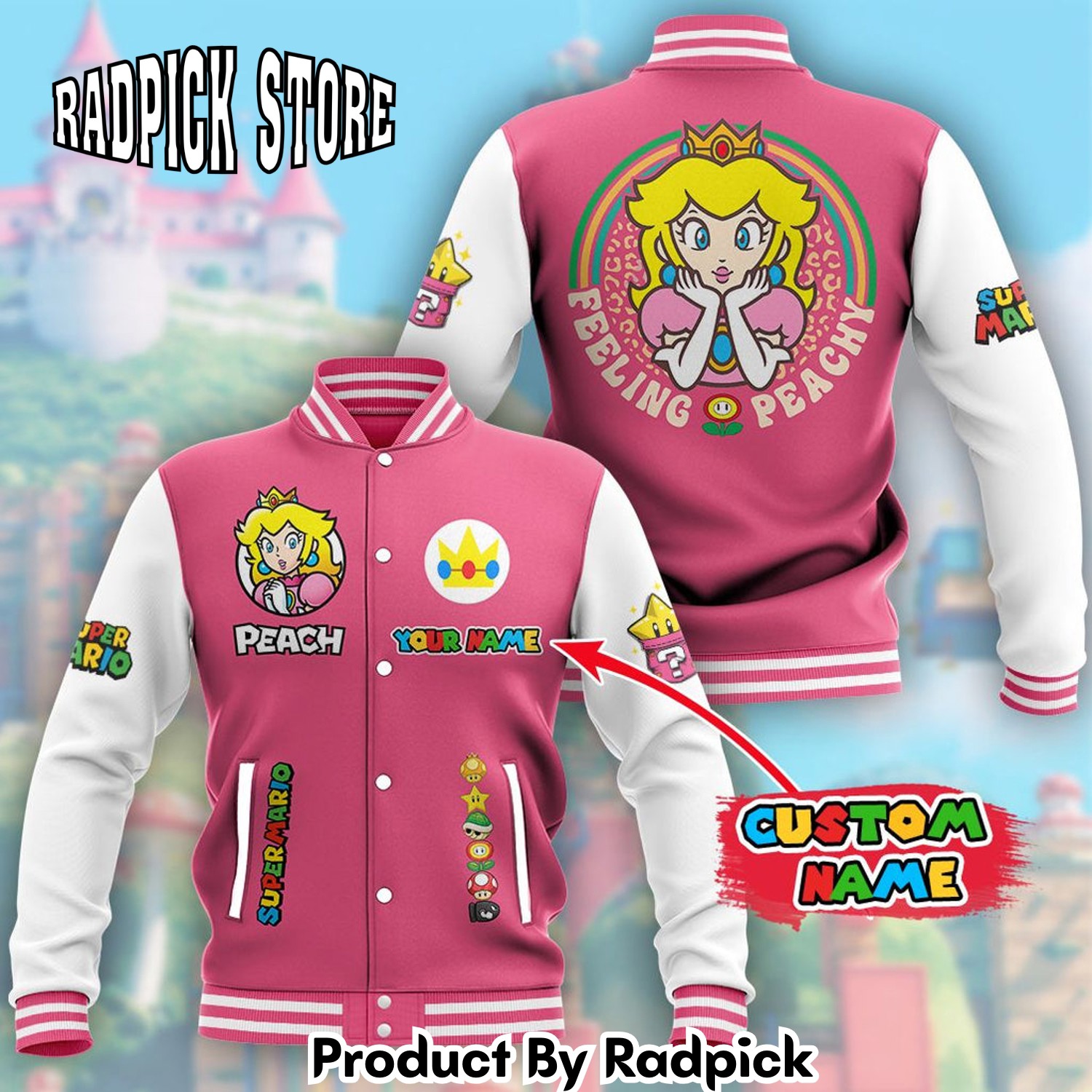 Radpick Super Mario Princess Peach 2 Custom Name Baseball Jacket RP00189