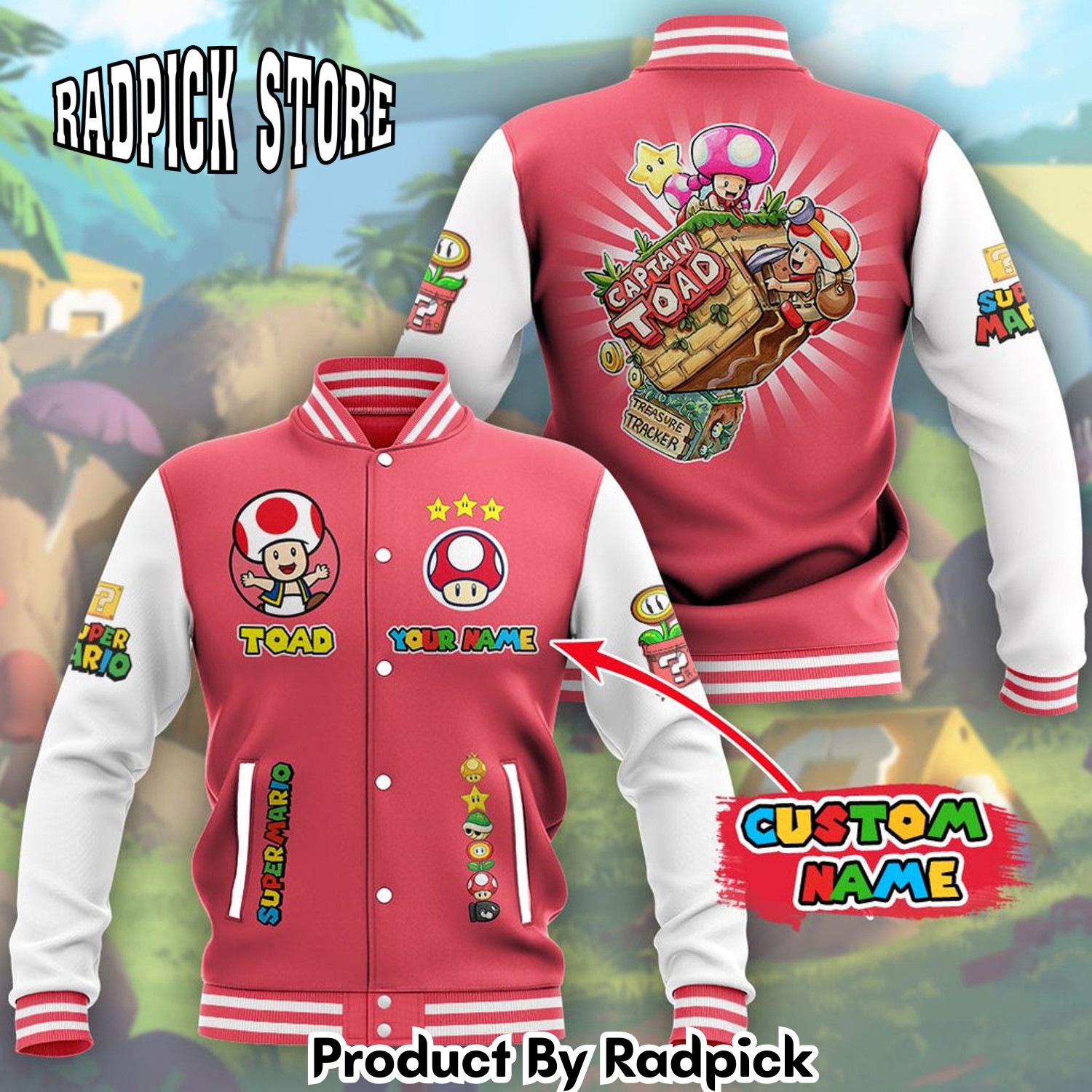 Radpick Super Mario Toad Custom Name Baseball Jacket RP00186Radpick Super Mario Toad Custom Name Baseball Jacket RP00186