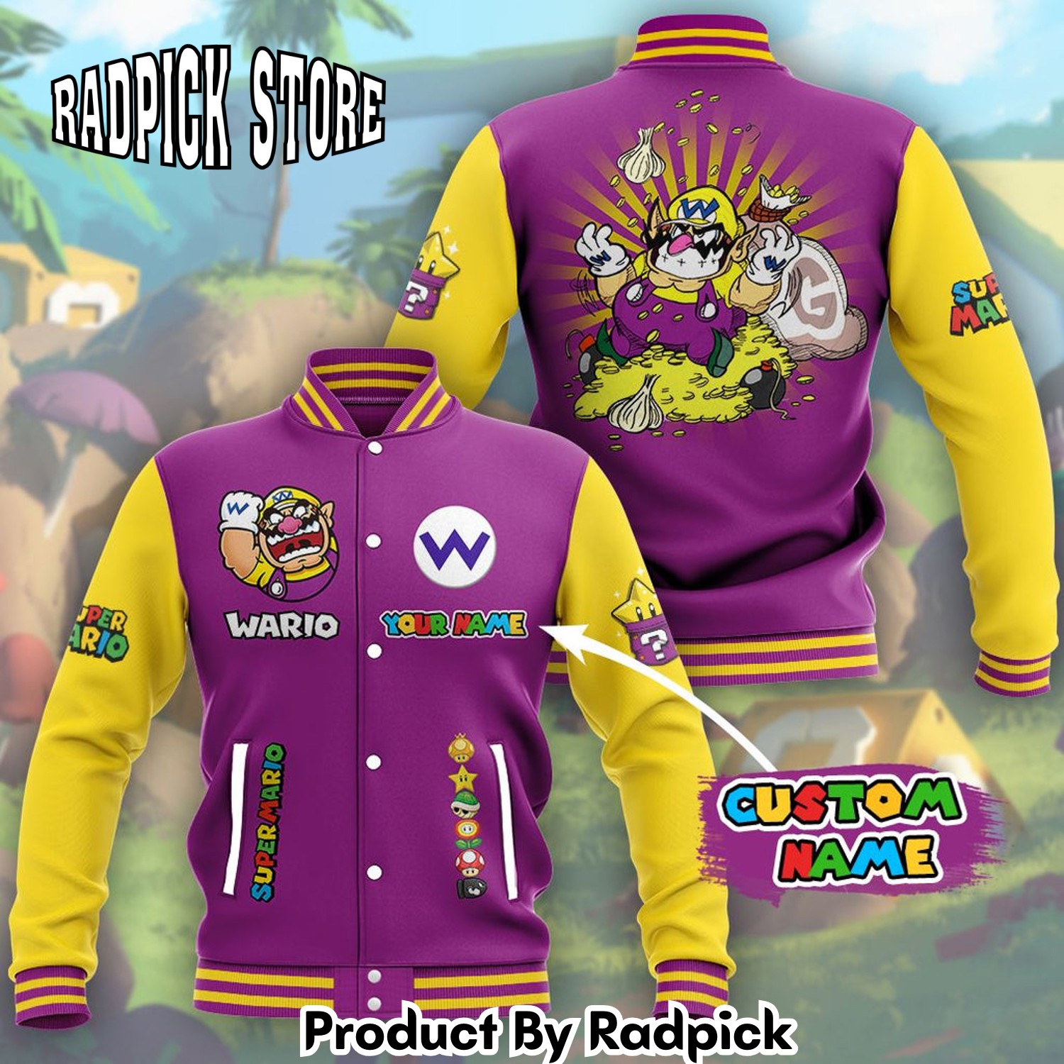 Radpick Super Mario Wario Custom Name Baseball Jacket RP00185