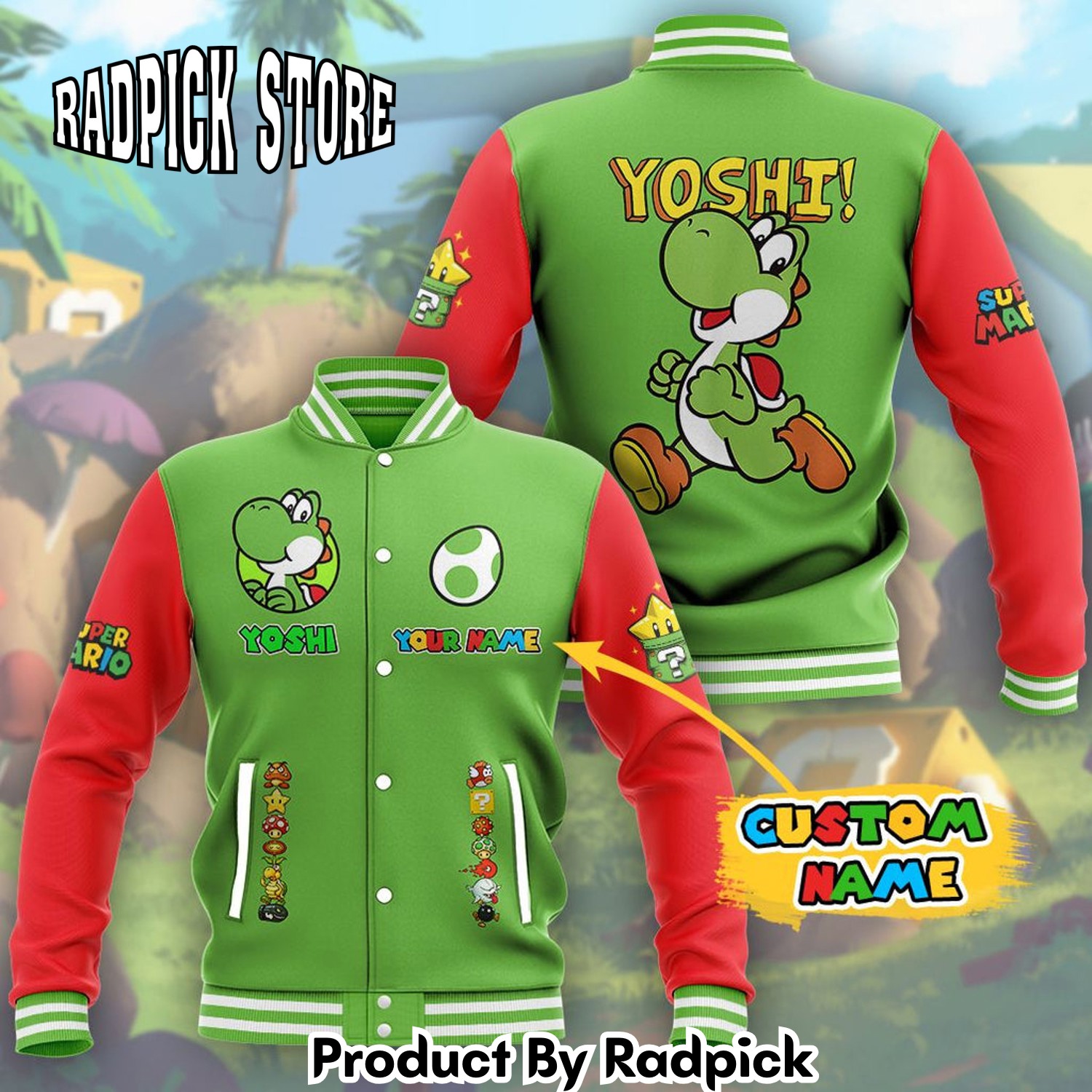 Radpick Super Mario Yoshi Custom Name Baseball Jacket RP00184