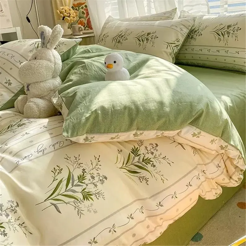 Green floral 100% cotton duvet cover set- fresh floral bedding set- twin full queen duvet cover- cottagecore decor- aesthetic bedding- gift