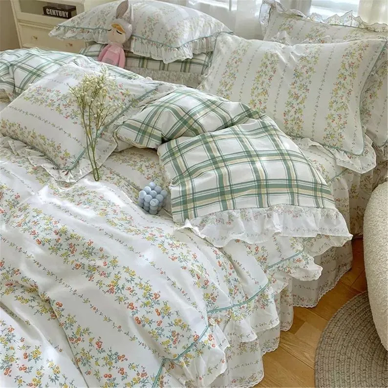 Fresh korean floral 100% cotton ruffle duvet cover set- cottagecore bedding decor- twin full queen king duvet cover set- aesthetic bedding