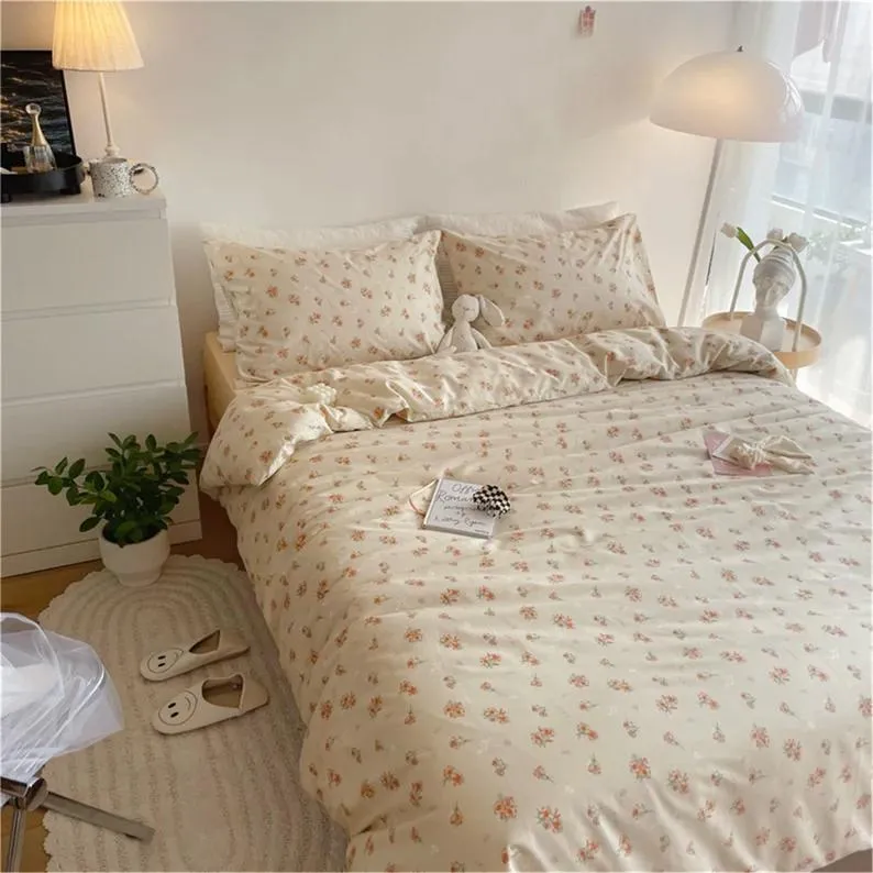 Orange floral 100% cotton duvet cover set- girlish floral bedding- vintage cottagecore bedding-twin full queen king duvet cover-dorm bedding