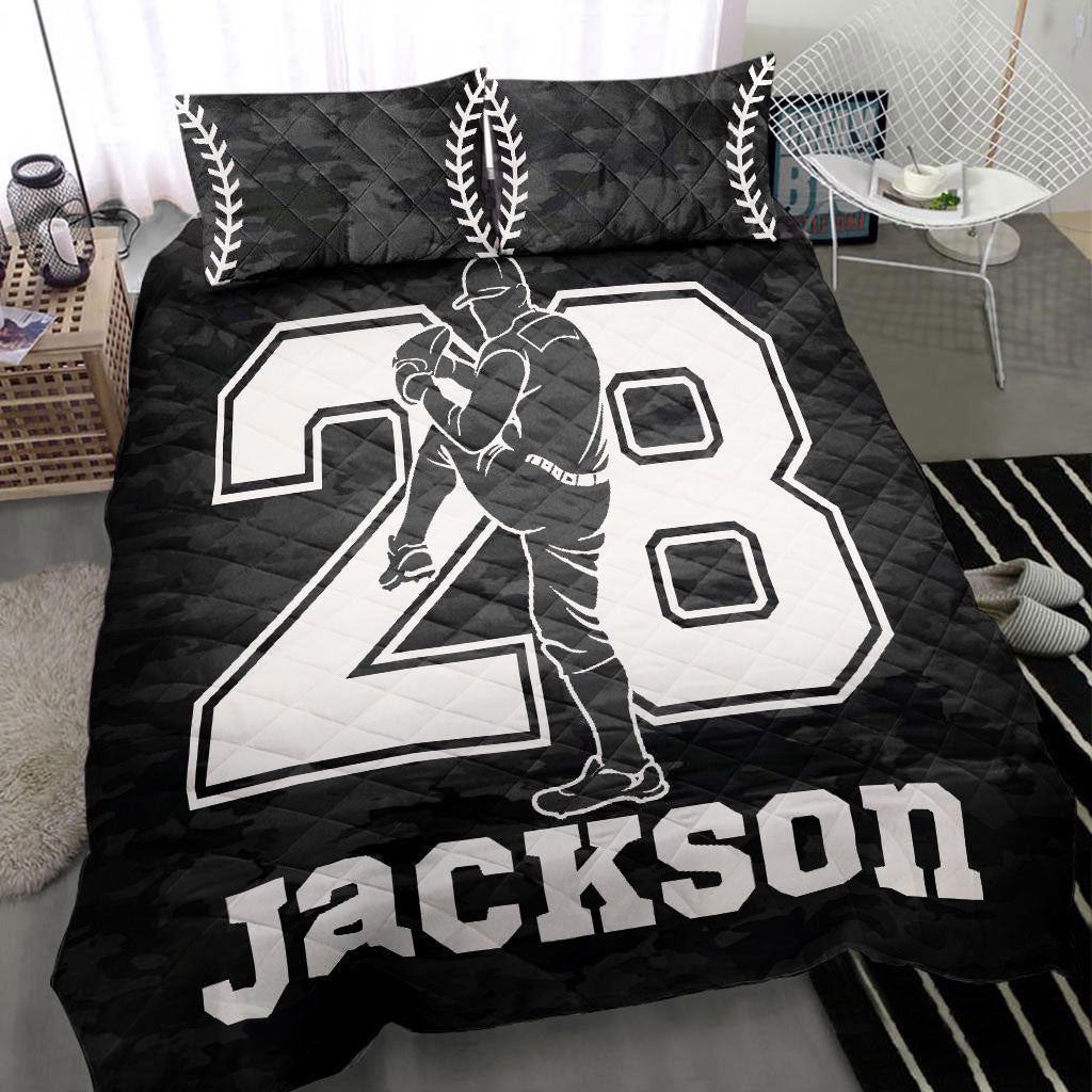 Personalized baseball quilt set baseball boy black pitcher