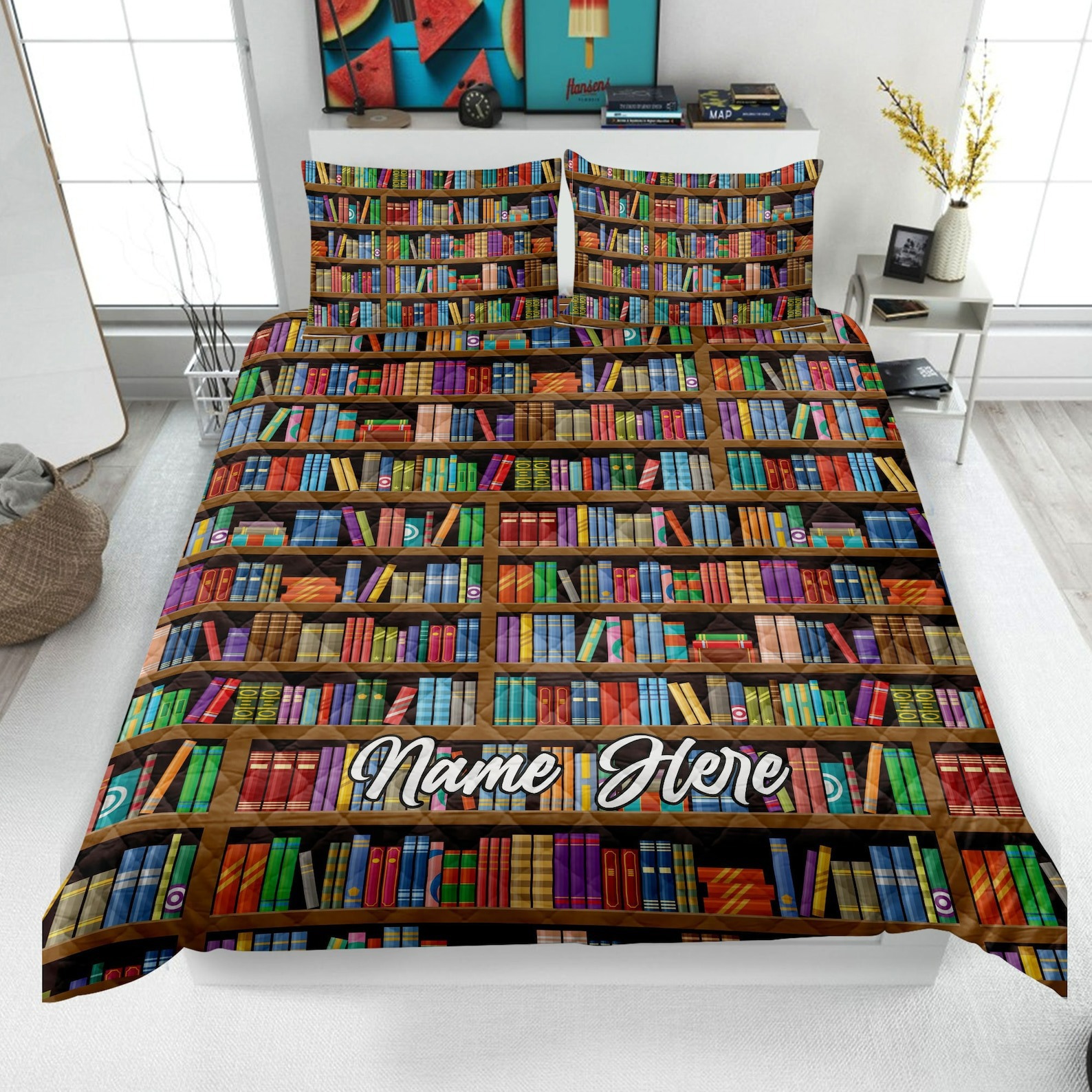 Personalized bookshelf quilt set gift for book lover, bookworm, nerd