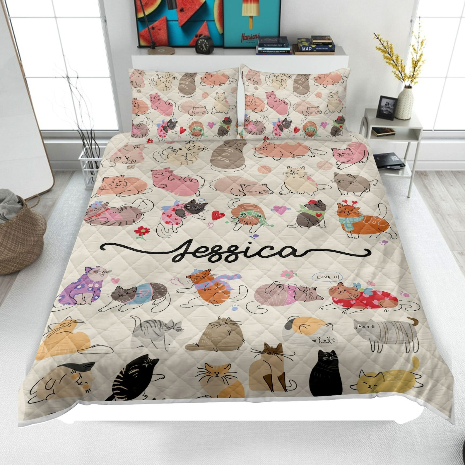 Personalized cat quilt set
