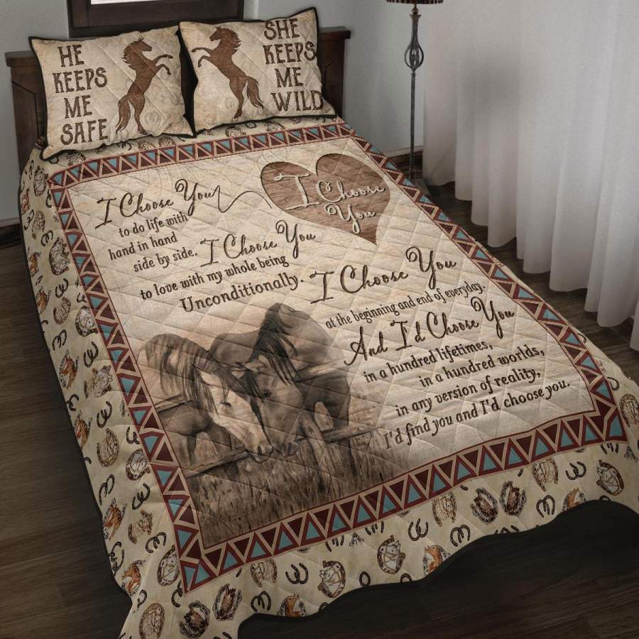 Personalized couple horse quilt set he keeps me safe she keeps me wild