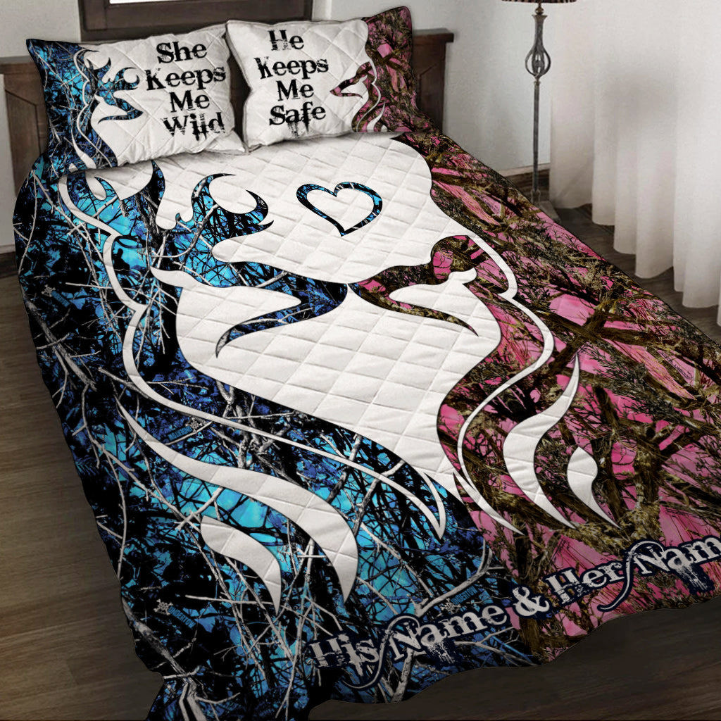 Personalized hunting couple quilt set she keeps me wild he keeps me safe