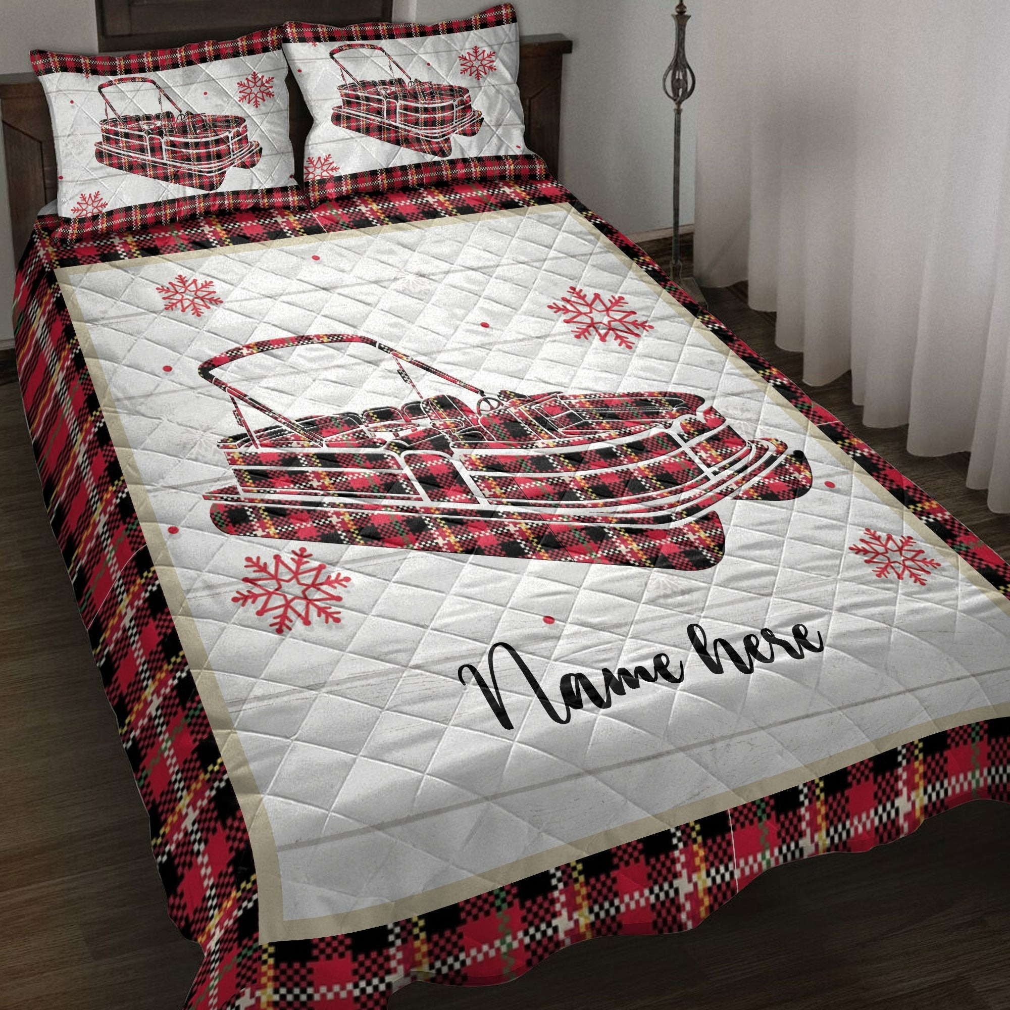 Personalized pontoon quilt set christmas pontoon boat snowflake red plaid