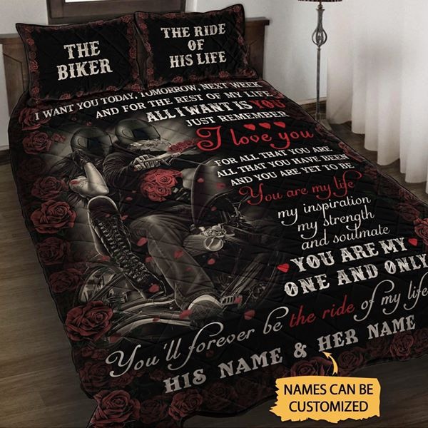 Personalized skull biker couple quilt set all i want is you