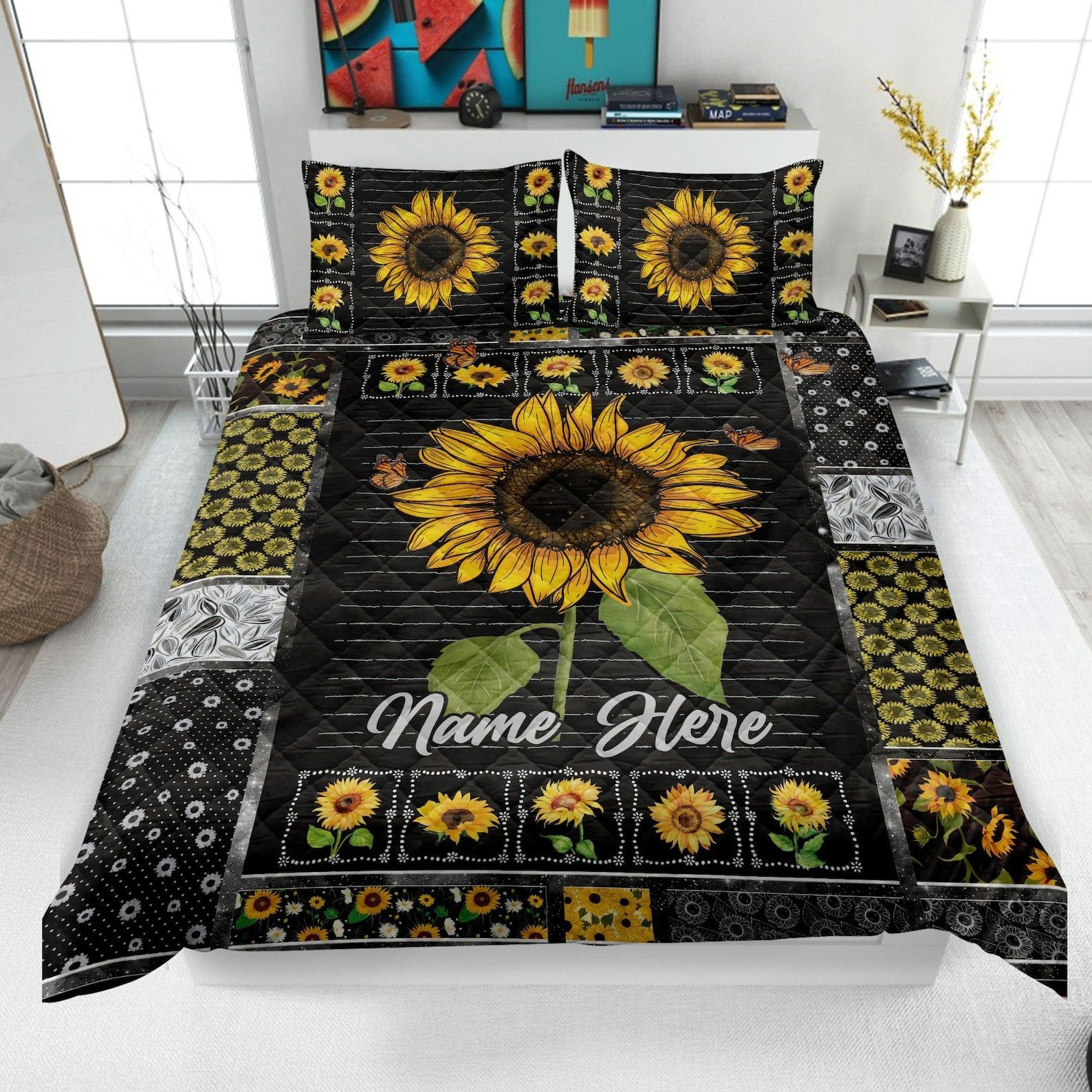 Personalized sunflower quilt set