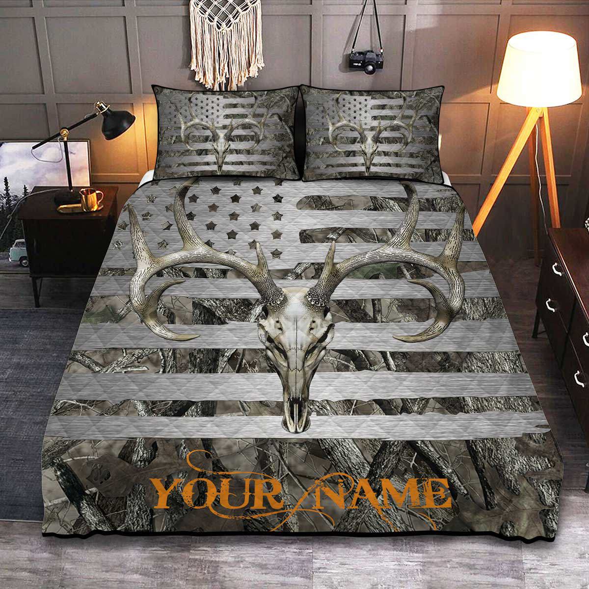 Personalized whitetail buck deer hunting quilt set american flag camouflage