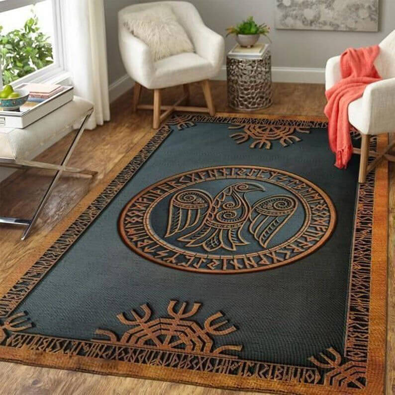 Raven and runic viking rug