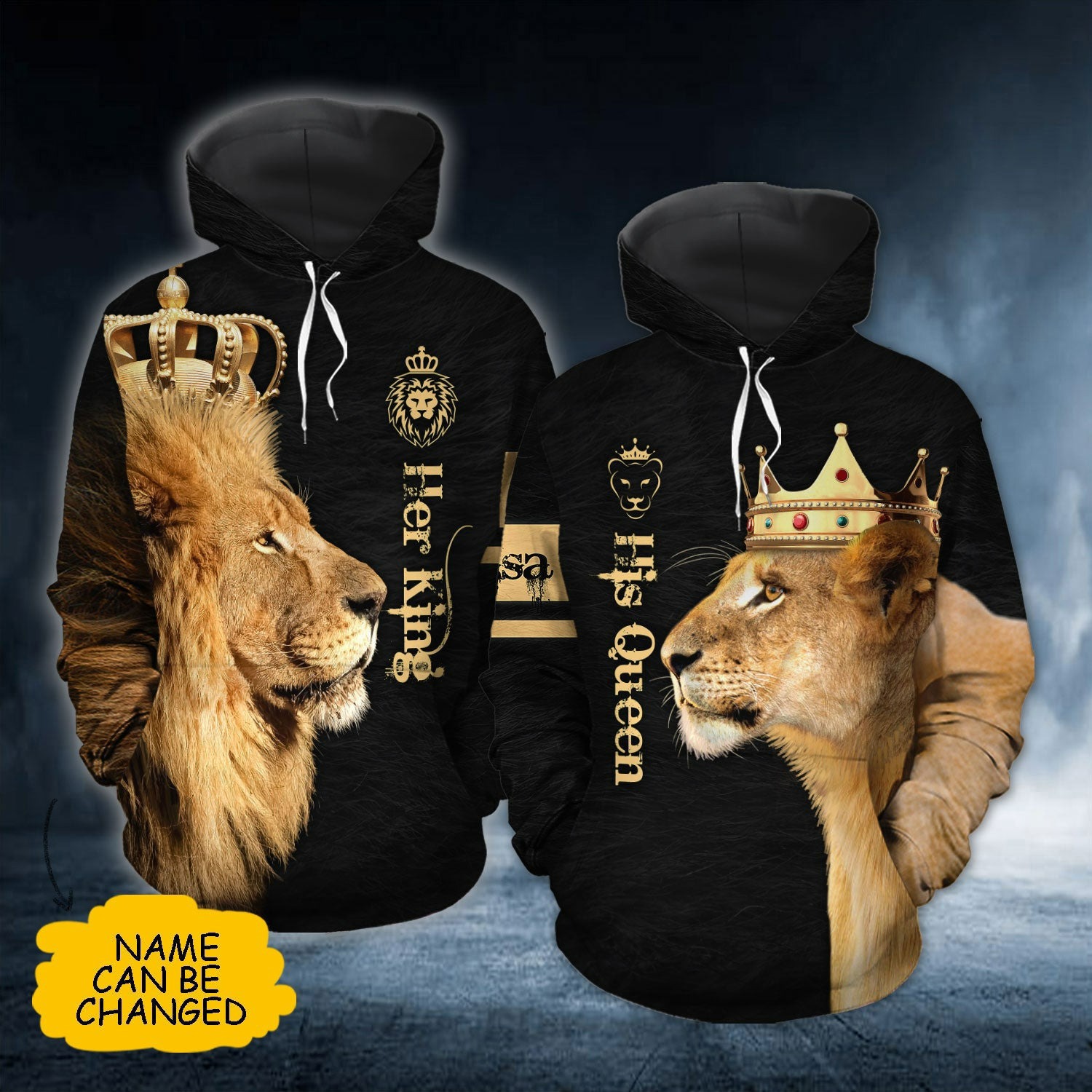 Custom name lion couple all over print hoodie her king his queen