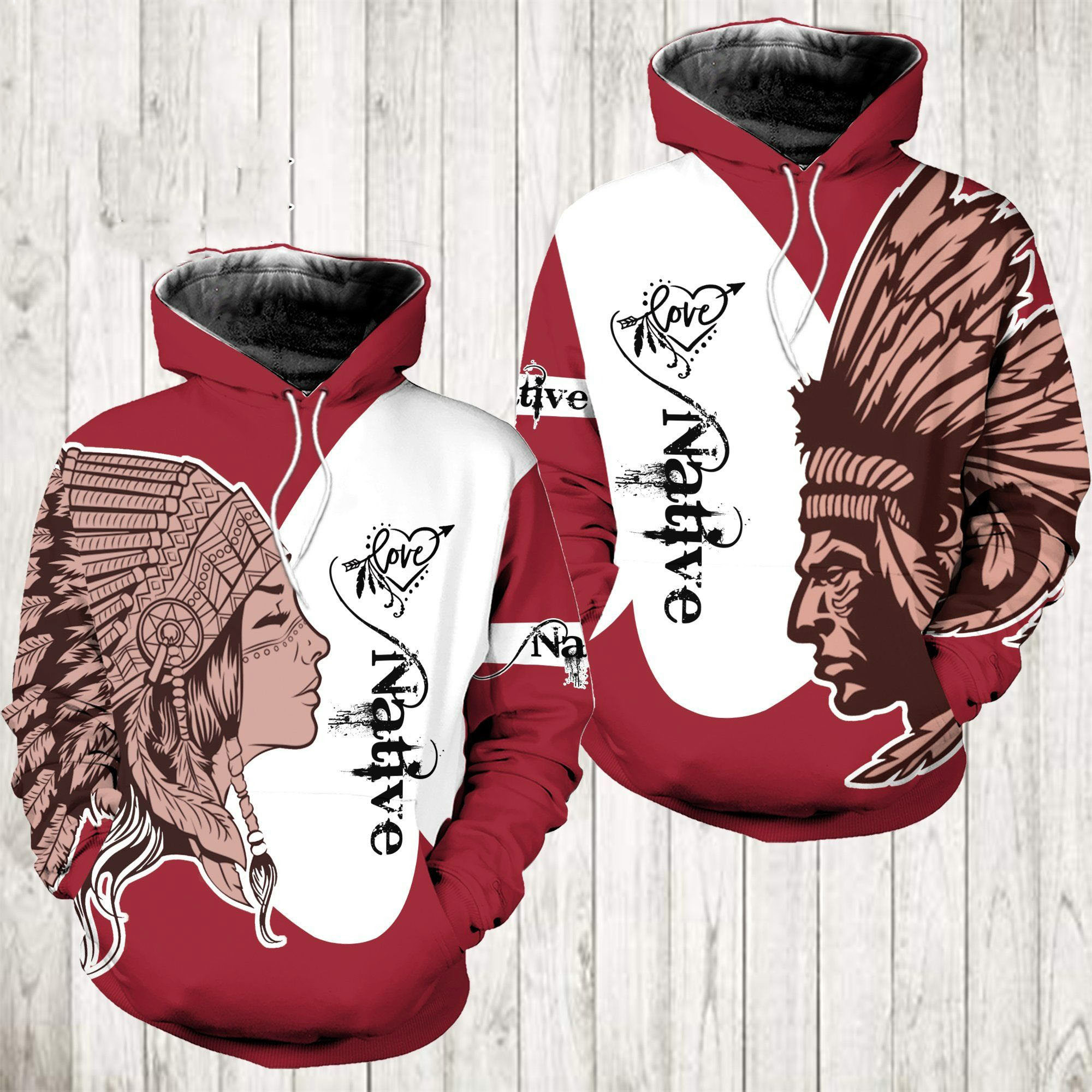 Matching native american couple 3d all over hoodie