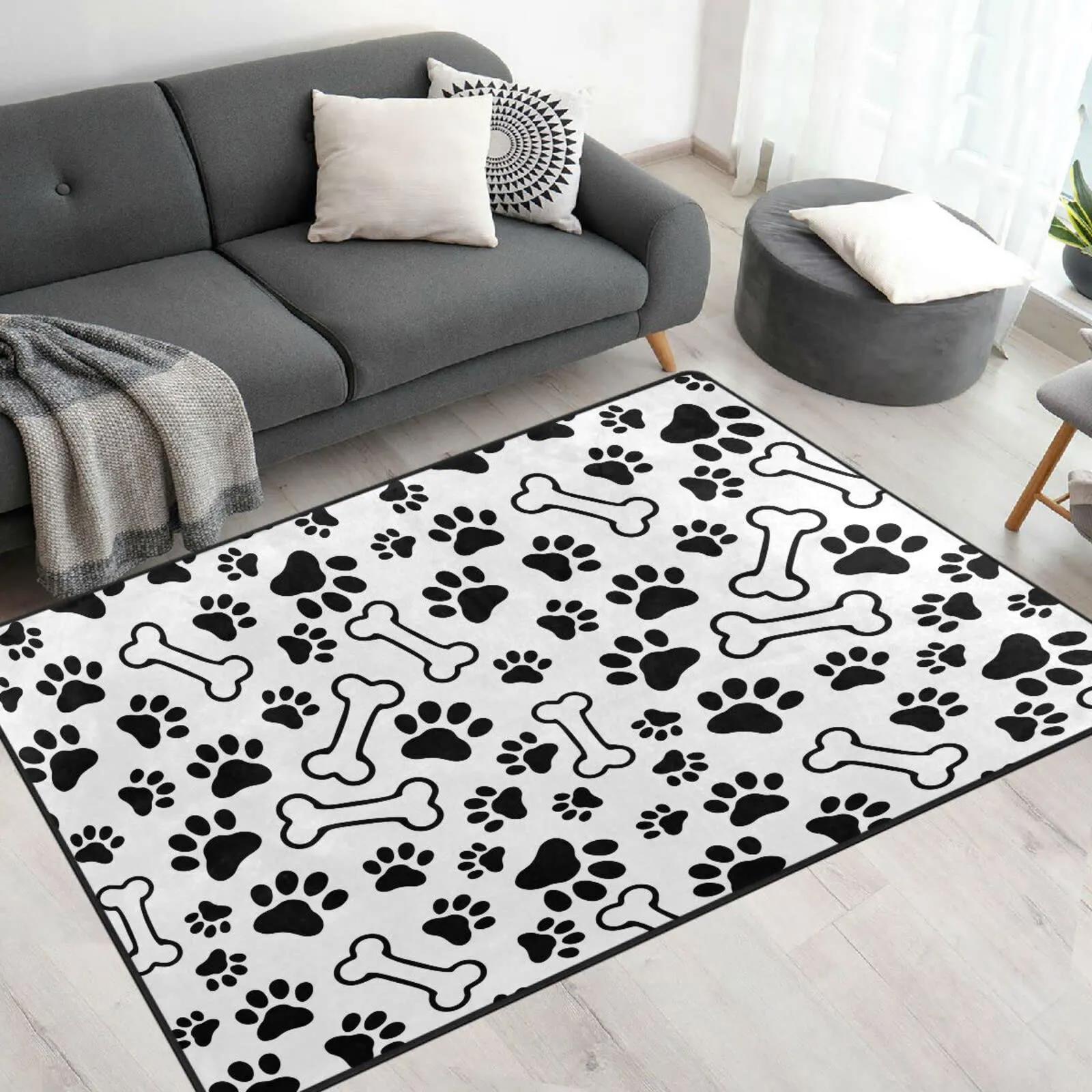 Black dog print bone white area rugs
