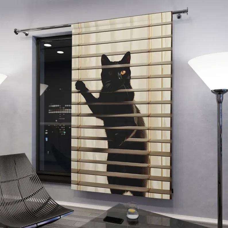 The black cat on the window blinds window curtains