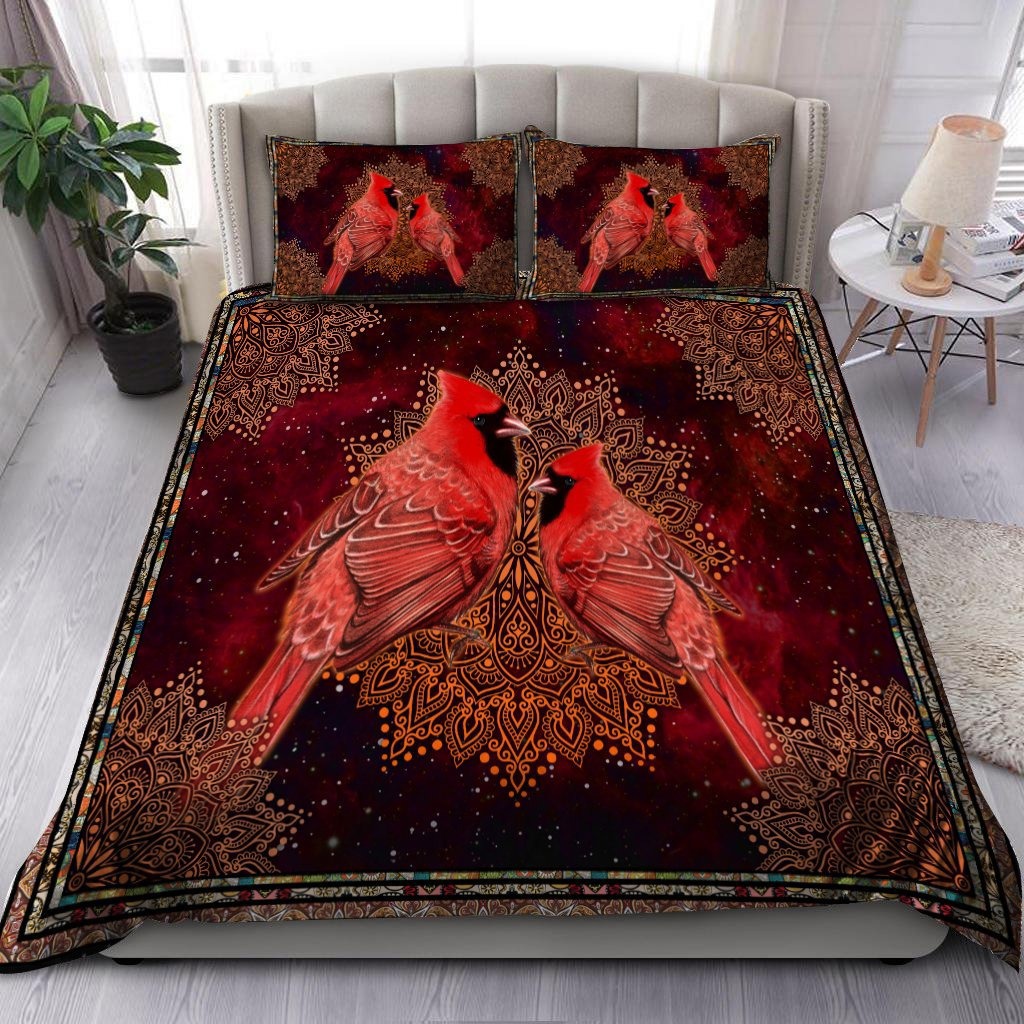 Beautiful cardinals birds mandala vintage bedding set