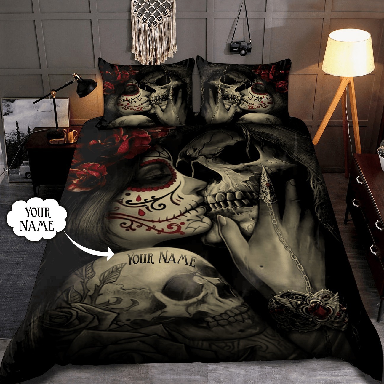 Custom name skull couple bedding set