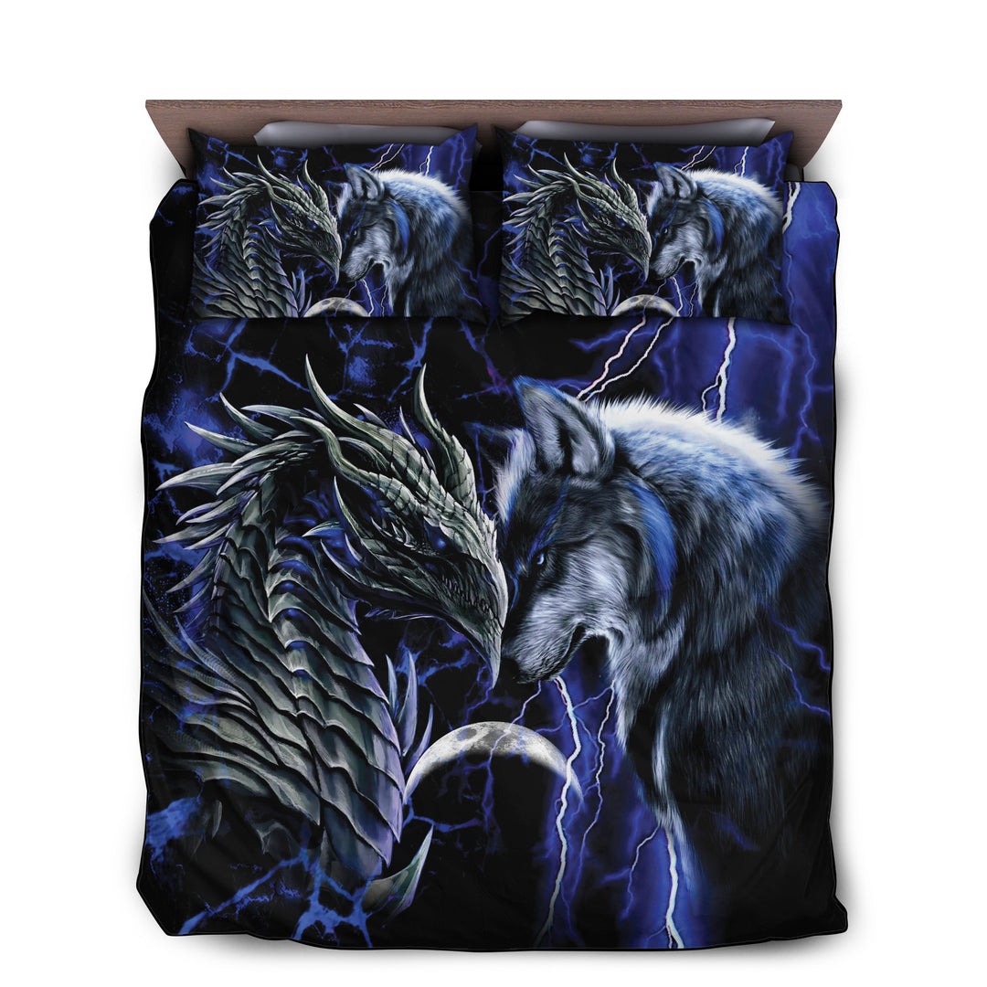 Dragon and wolf bedding set blue