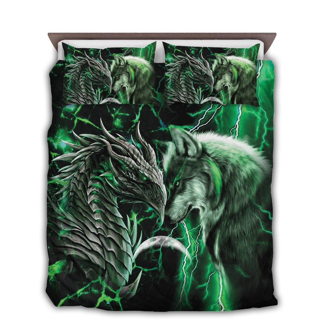 Dragon and wolf bedding set green