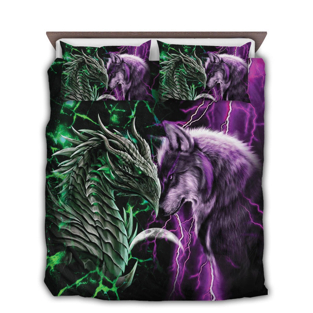 Dragon and wolf bedding set green mix purple