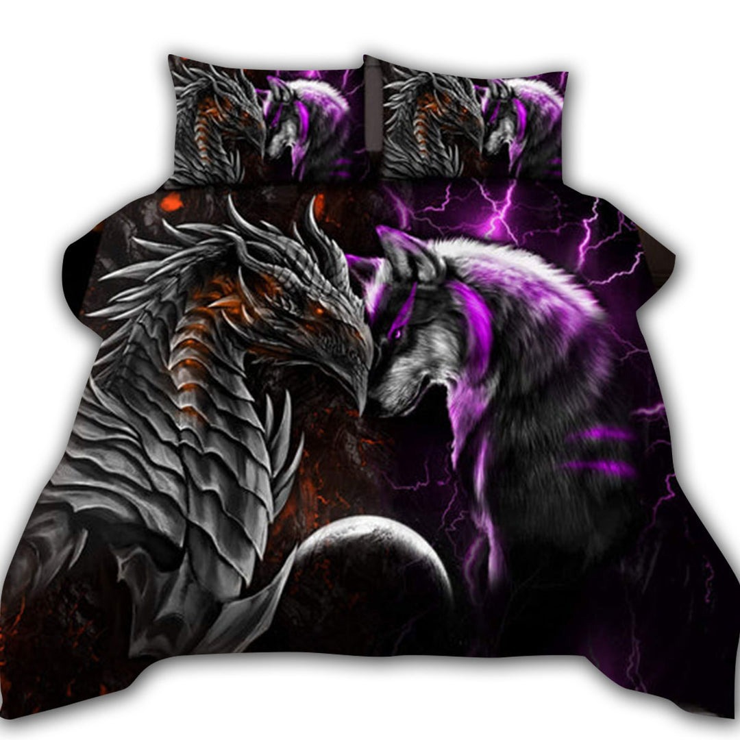 Dragon and wolf bedding set orange mix purple