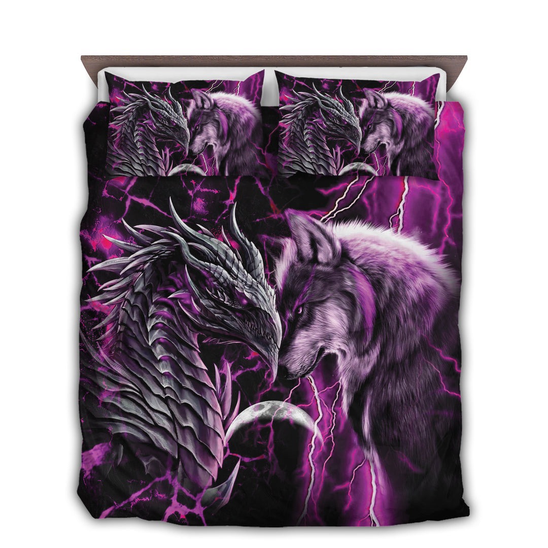 Dragon and wolf bedding set purple