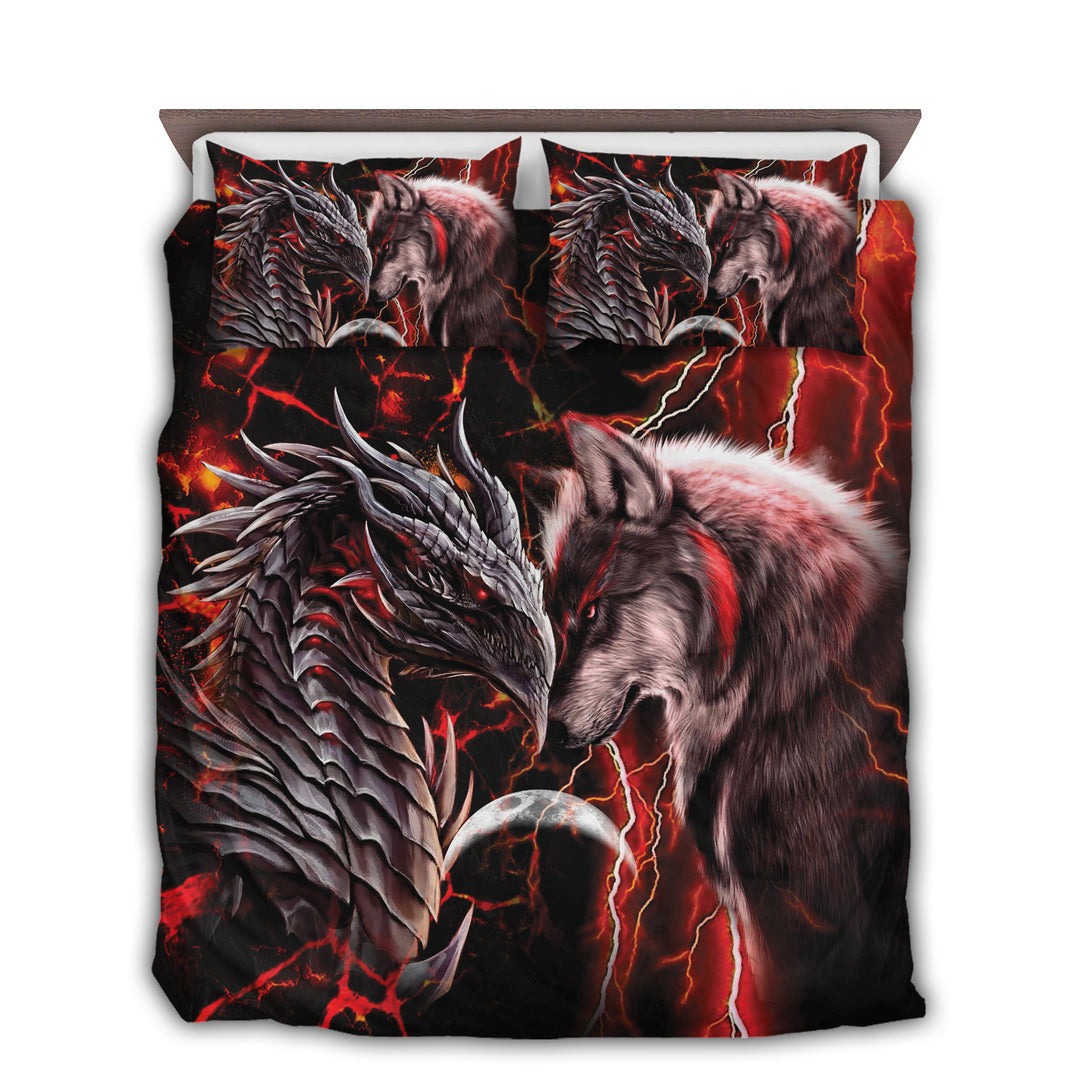Dragon and wolf bedding set red