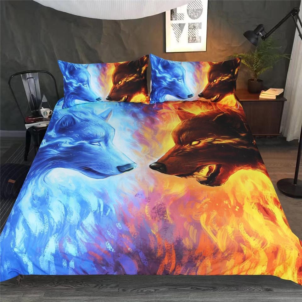 Fire and ice wolf bedding set