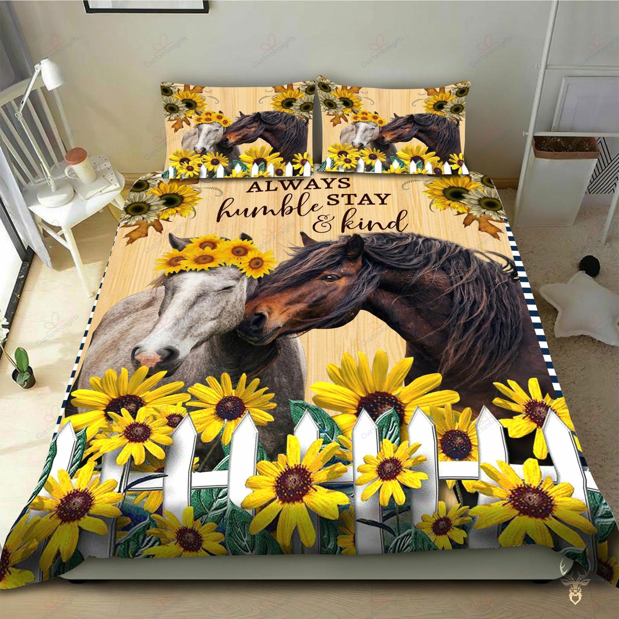Horse couple bedding set always humble and stay kind sunflower
