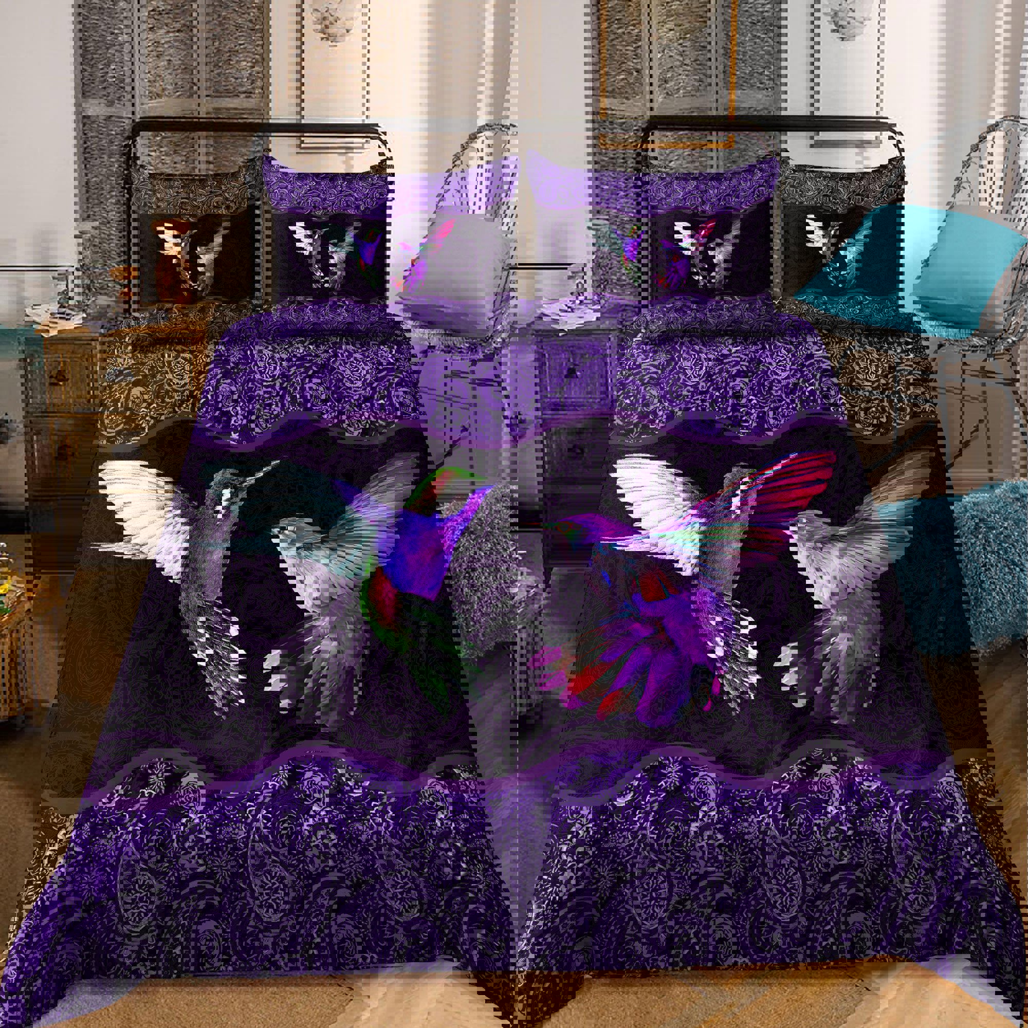 Hummingbird couple bedding set purple