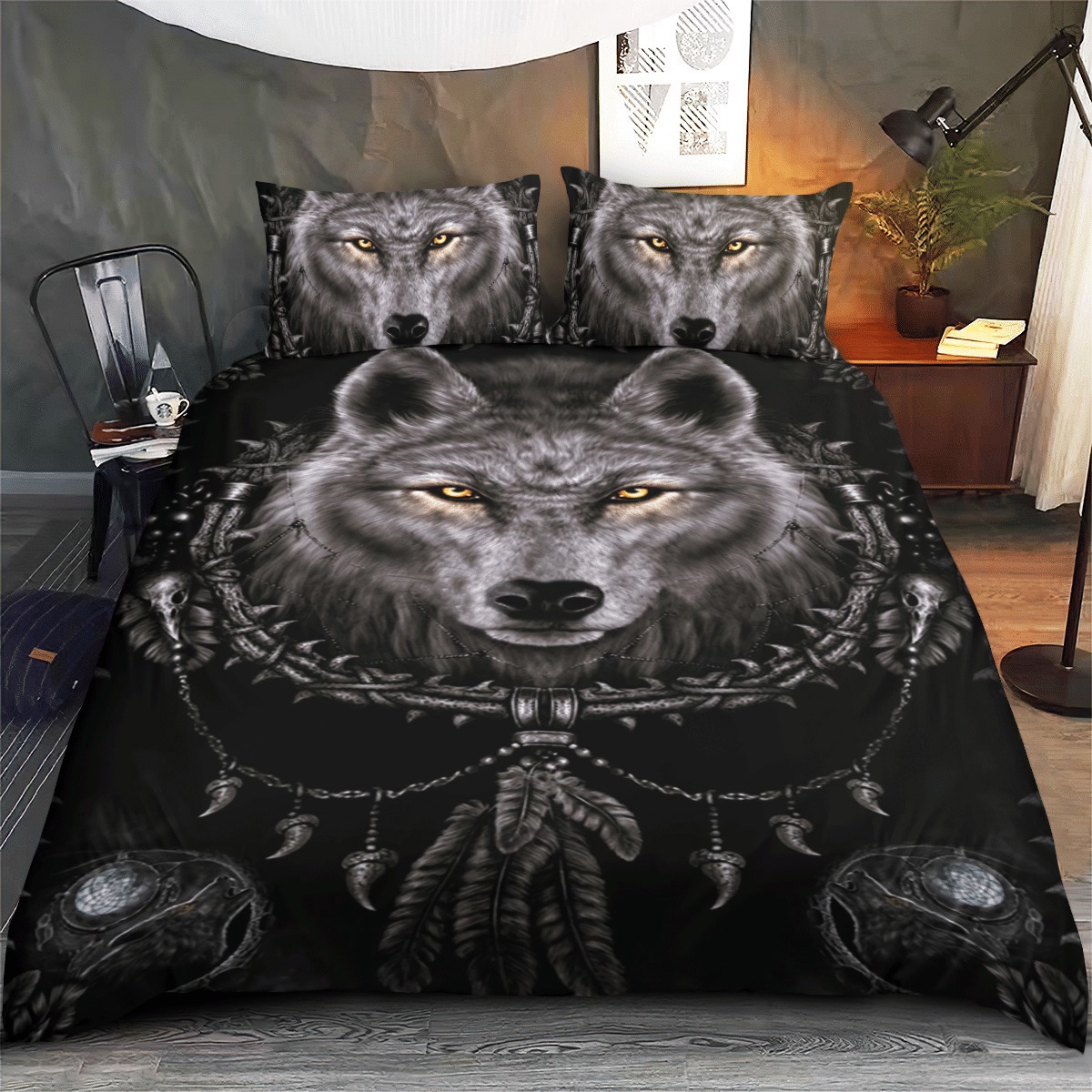 Native american bedding set black wolf