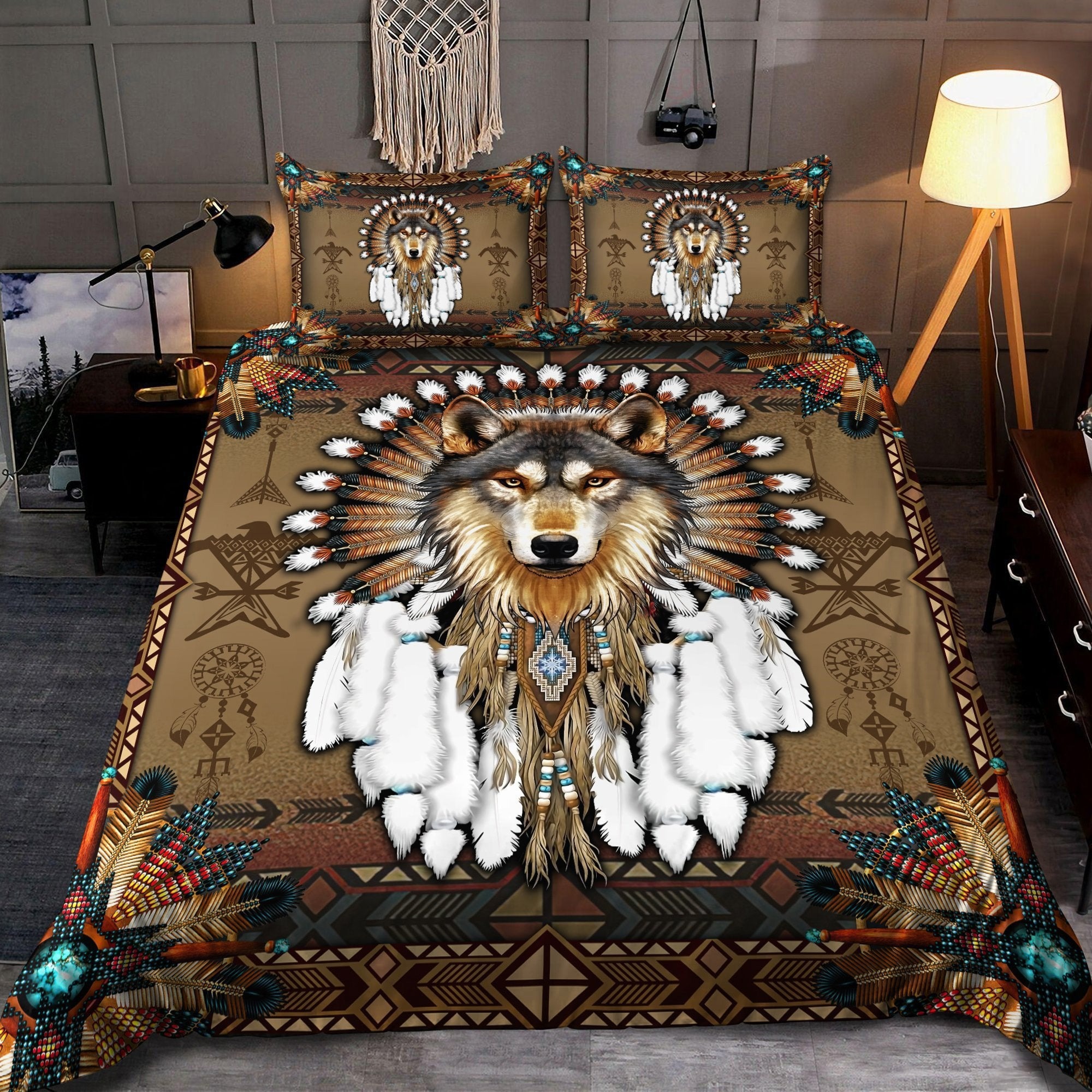 Native american bedding set wolf