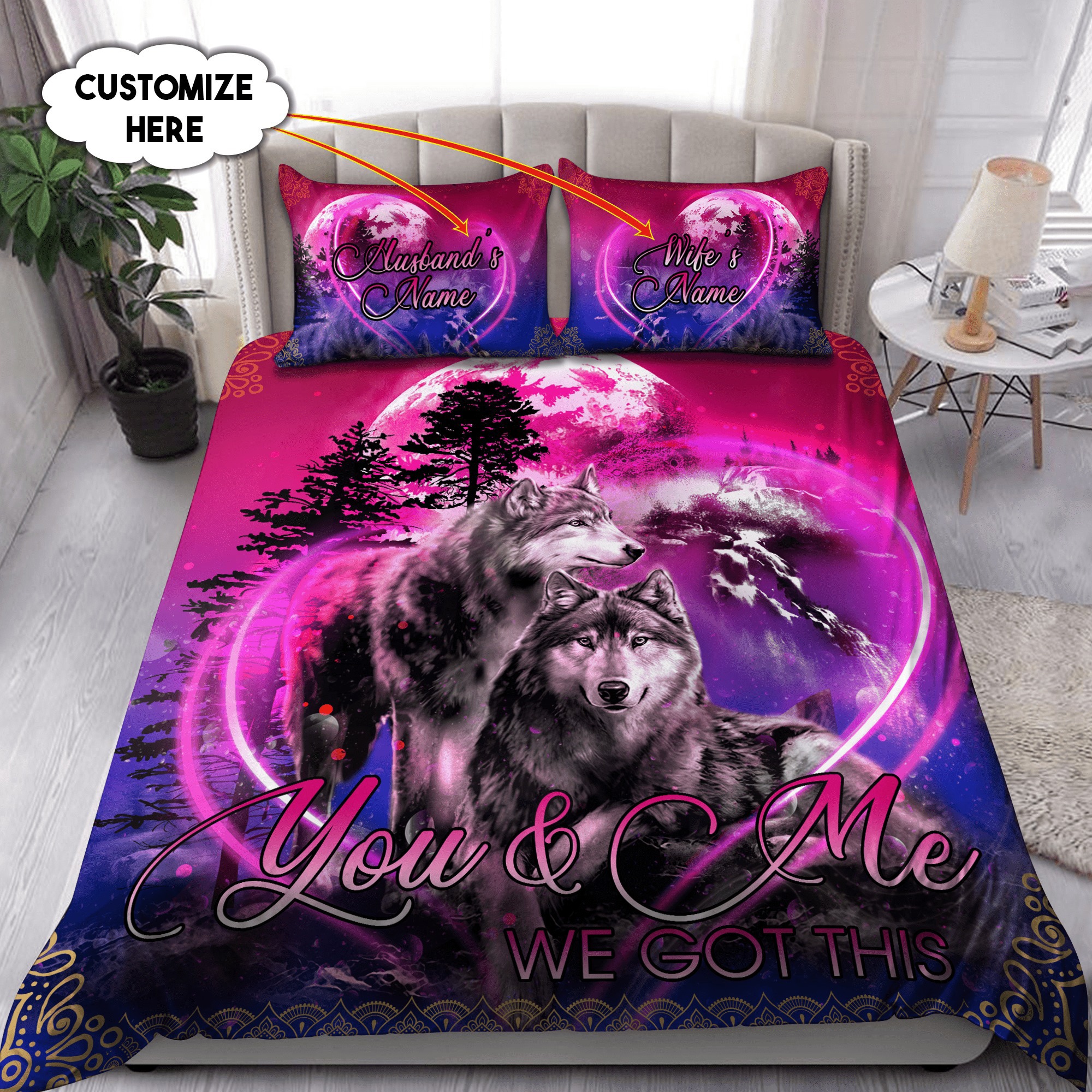 Personalized couple wolf bedding set you and me we got this