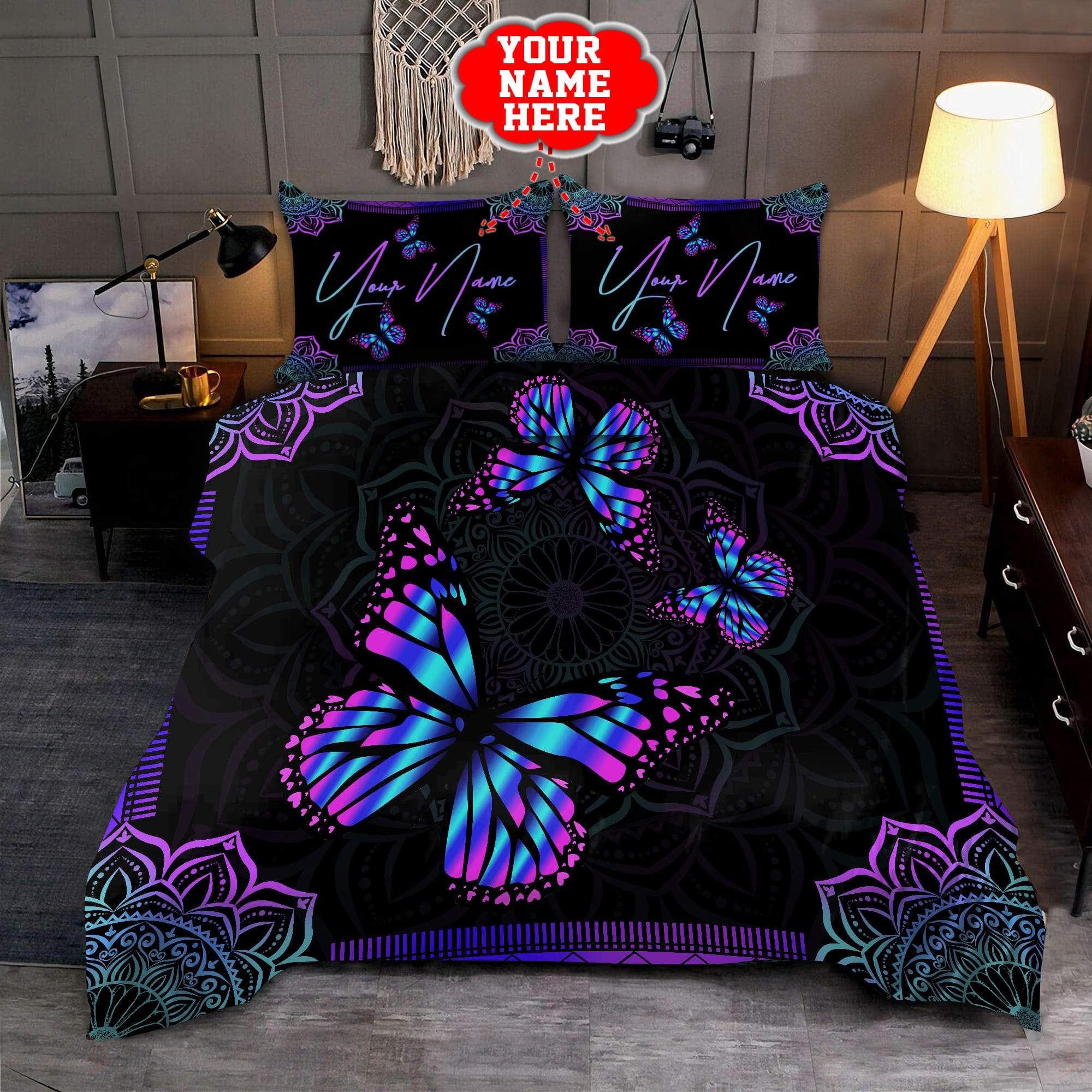 Personalized mandala butterfly bedding set