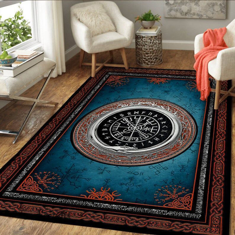 Blue viking rug magical runic compass vegvisir