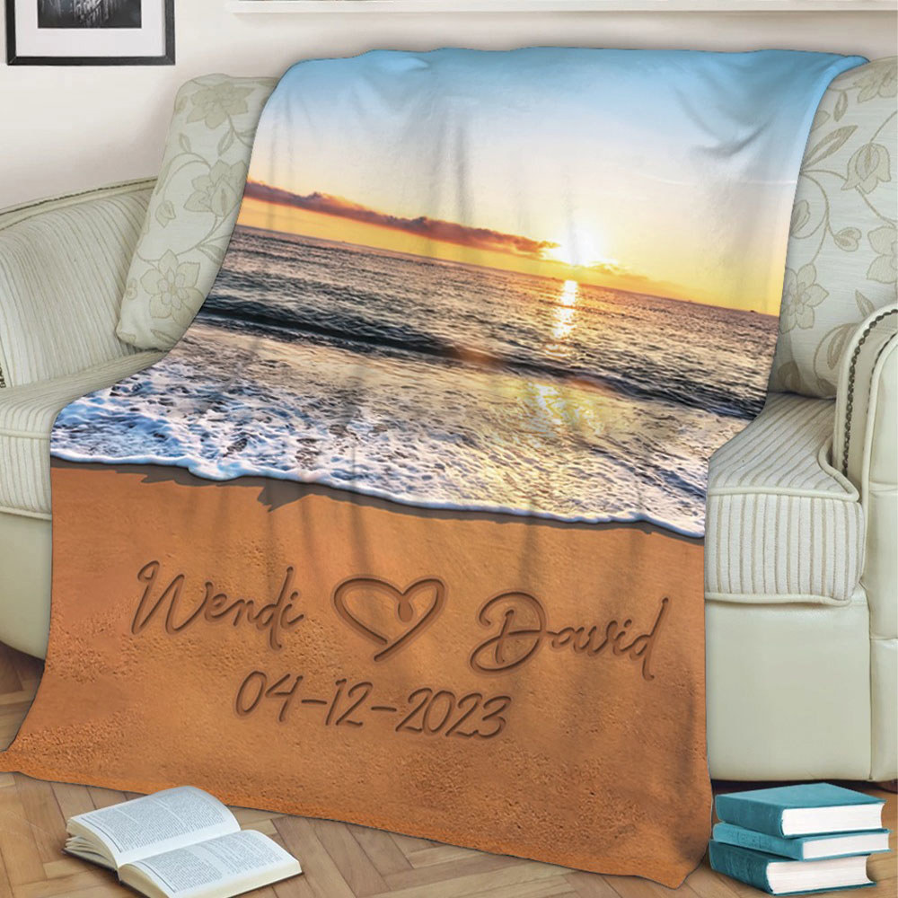 Custom name couple blanket sunset beach sand writing