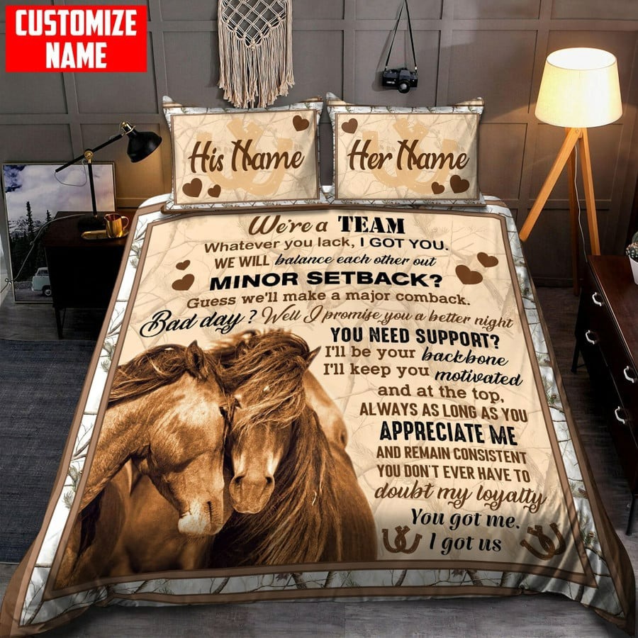 Custom name horse couple bedding set we’re a team you got me i got us
