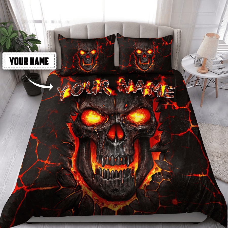 Custom name lava skull bedding set