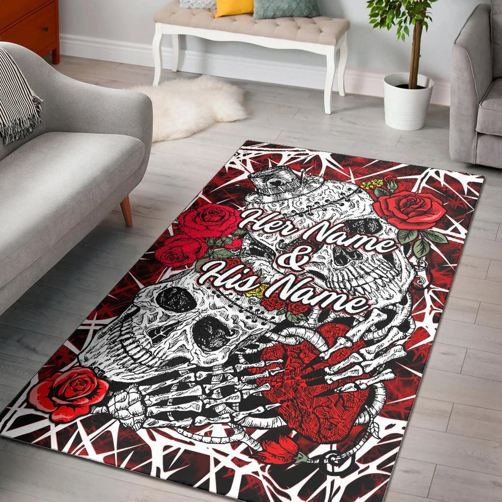 Custom name skull couple rug roses