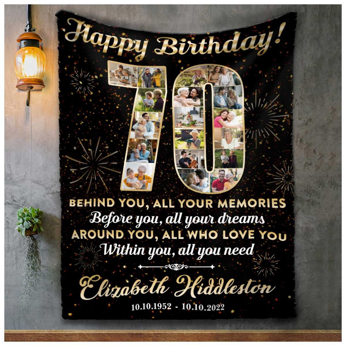 Custom photo collage 70th birthday blanket