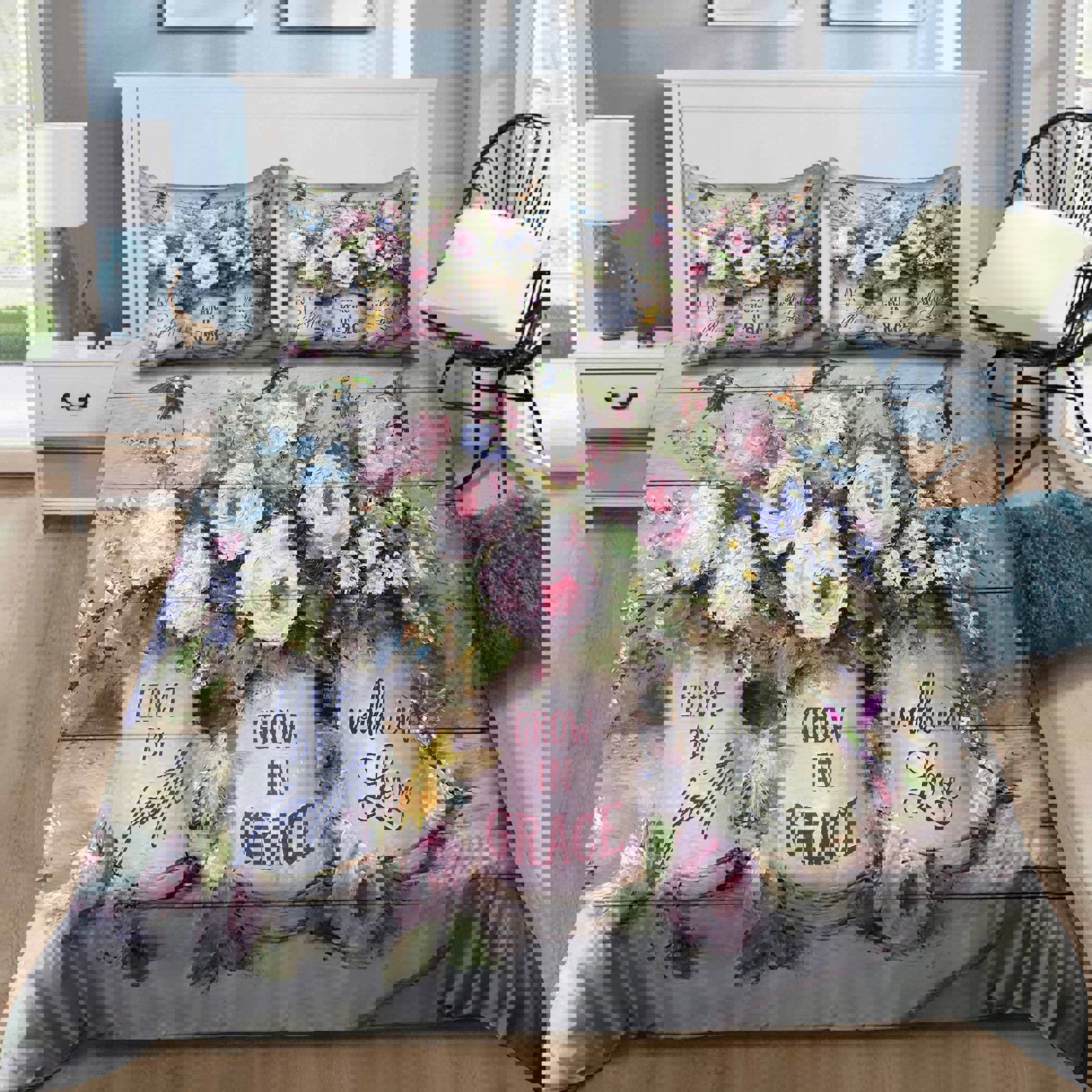Hummingbird bedding set live by faith grow in grace walk in love