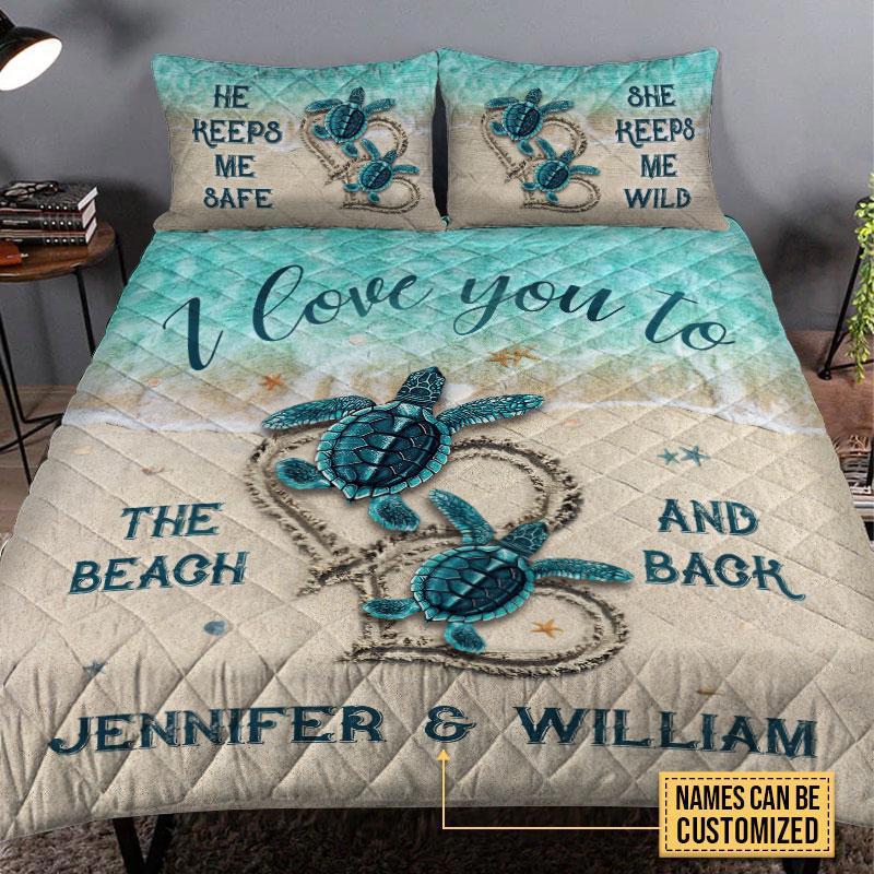 Personalized couple quilt set i love you to the beach sea turtle quilt set