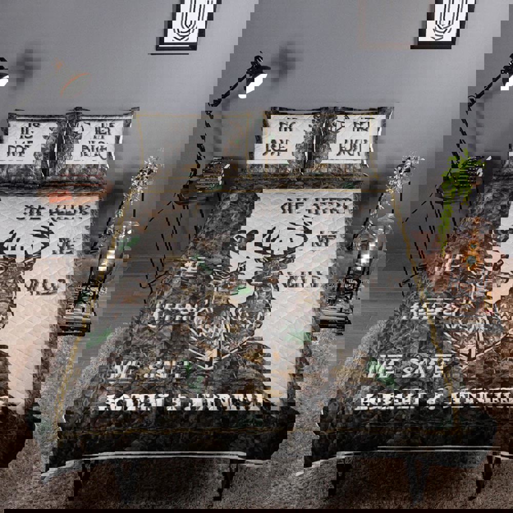 Personalized deer couple quilt set his doe her buck she keeps me wild he keeps me safe