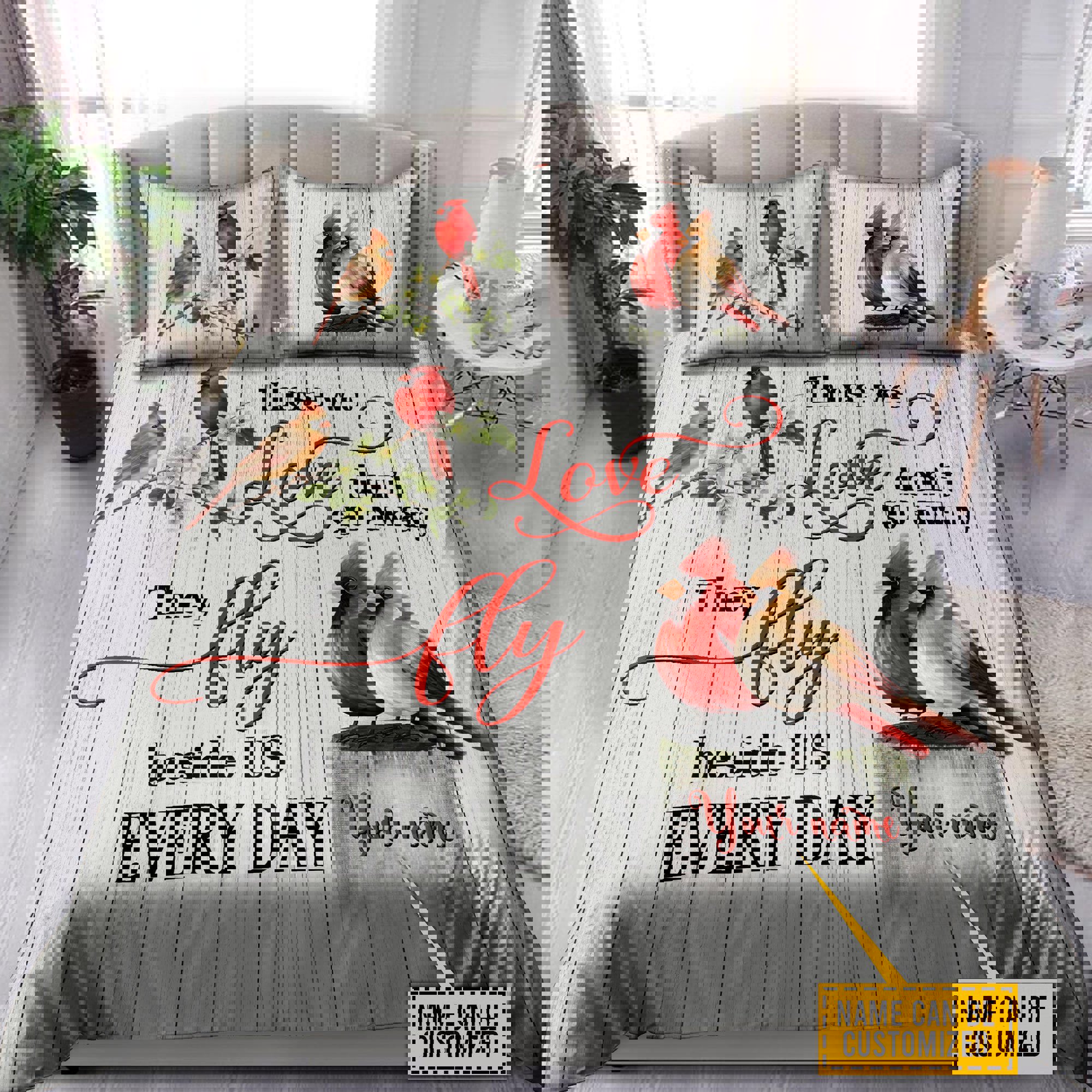 Personalized memorial cardinal bedding set those we love don’t go away they fly beside us everyday