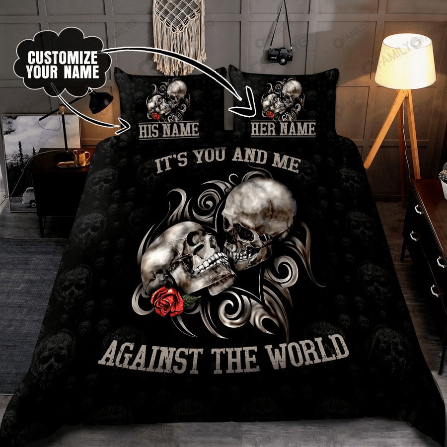 Personalized skull couple bedding set it’s you and me against the world
