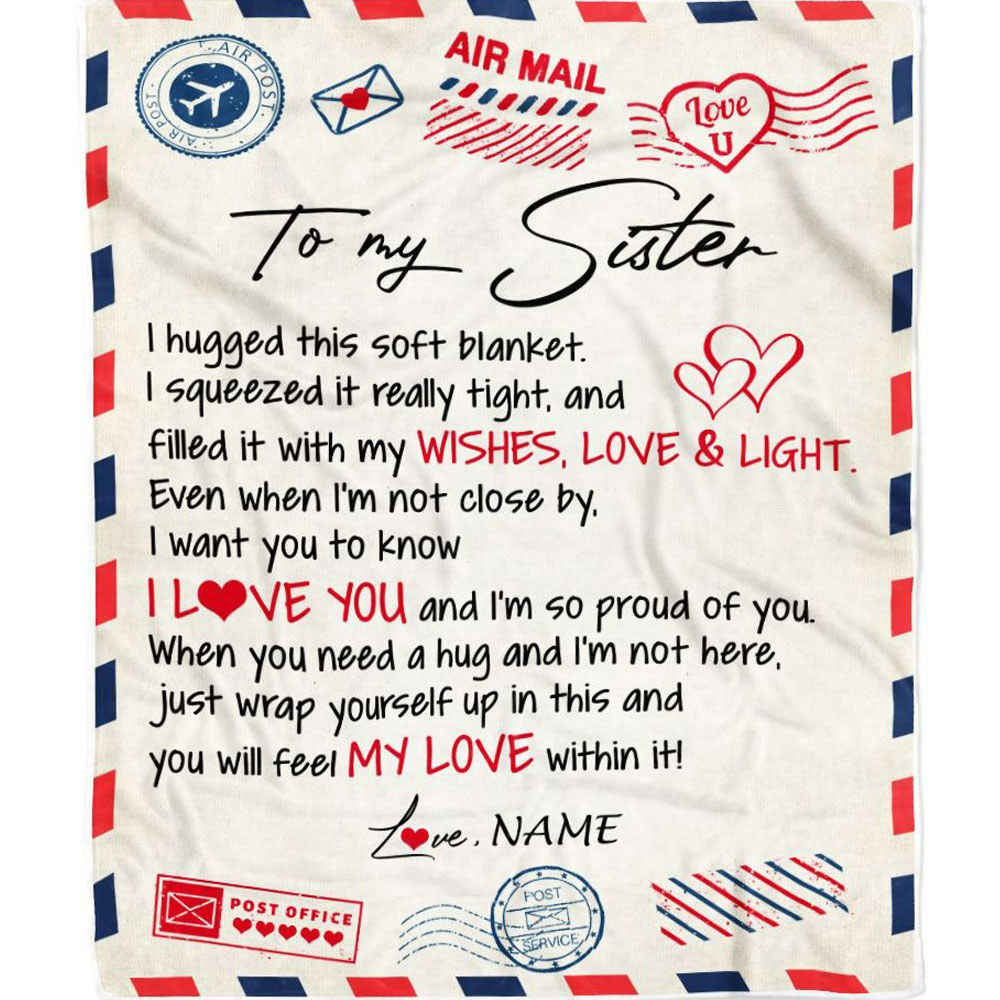 Personalized to my sister blanket from brother air mail letter i love you sister