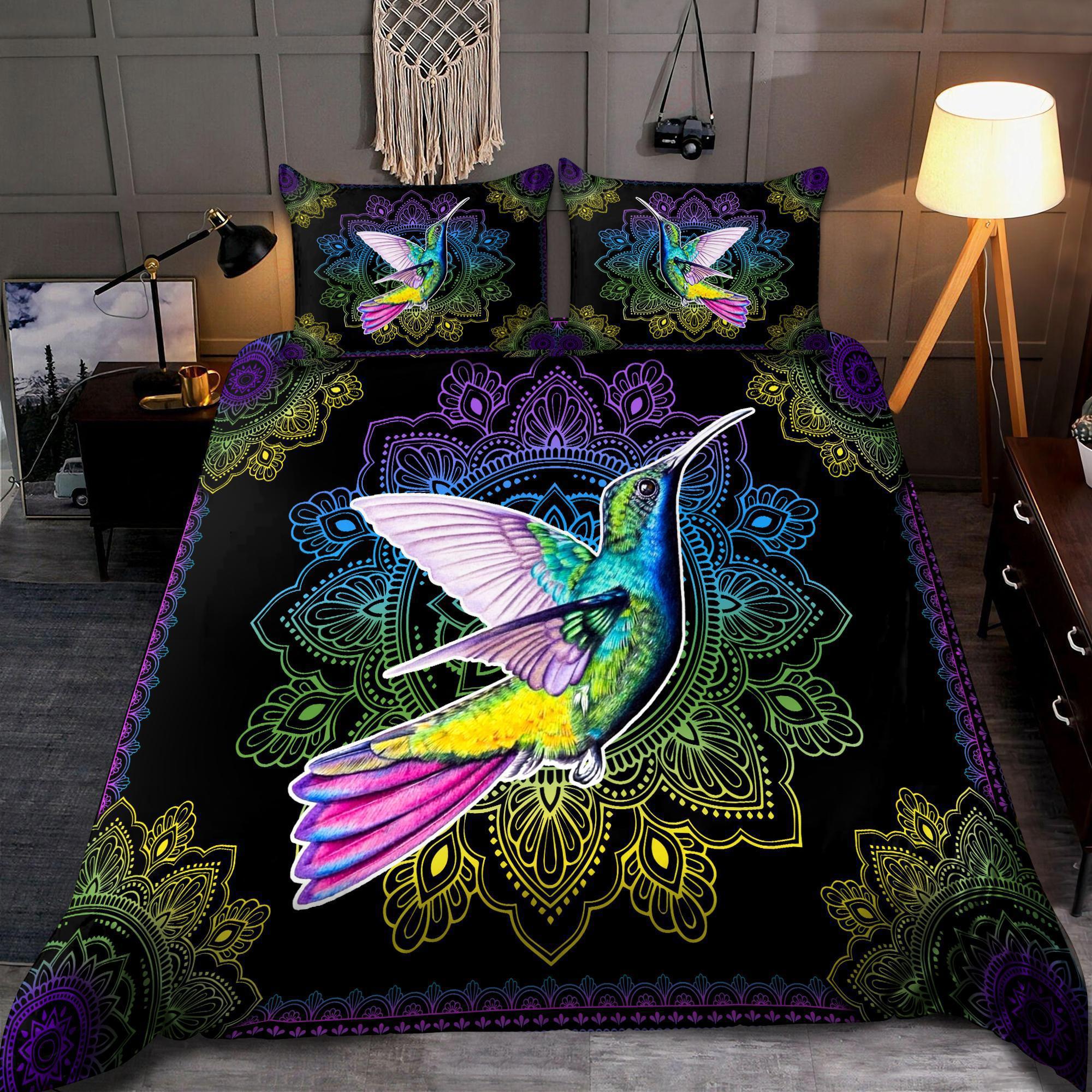 Rainbow hummingbird bedding set vintage mandala
